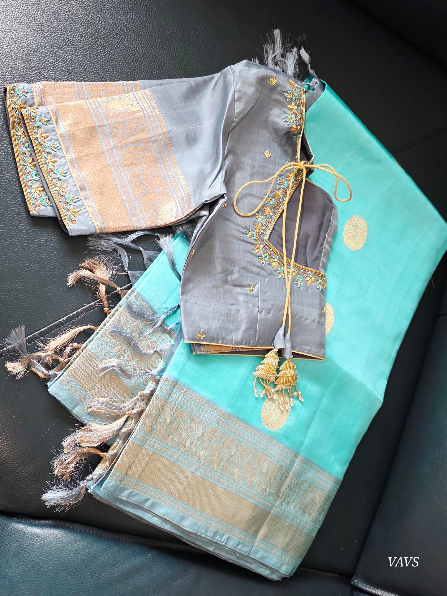 Pure Handloom Silk Saree in Aqua Blue & Maggam Blouse