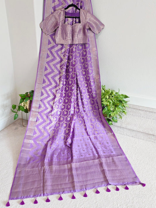 Lavender Purple Semi Raw Mango Silk Saree with Zari Work – Stitched Blouse
