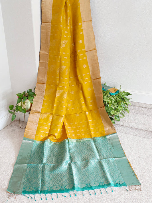 Mustard Yellow Semi Kanchi Soft Silk Saree