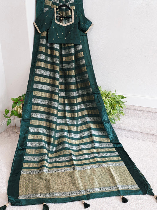 Nita Ambani Inspired Russian Dola Crepe Silk Saree with Ready Stitched Blouse | Emerald Green