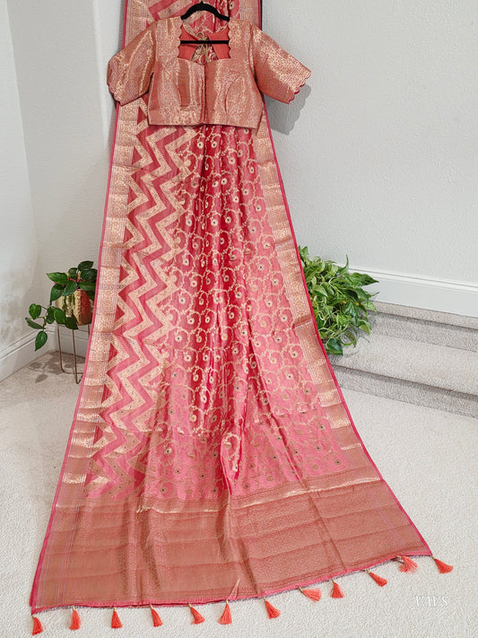 Rose Pink Semi Raw Mango Silk Saree with Zari Work – Stitched Blouse