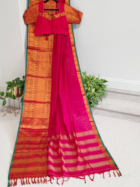 Pink Narayanpet Cotton Saree with Zari Border | Stitched Blouse