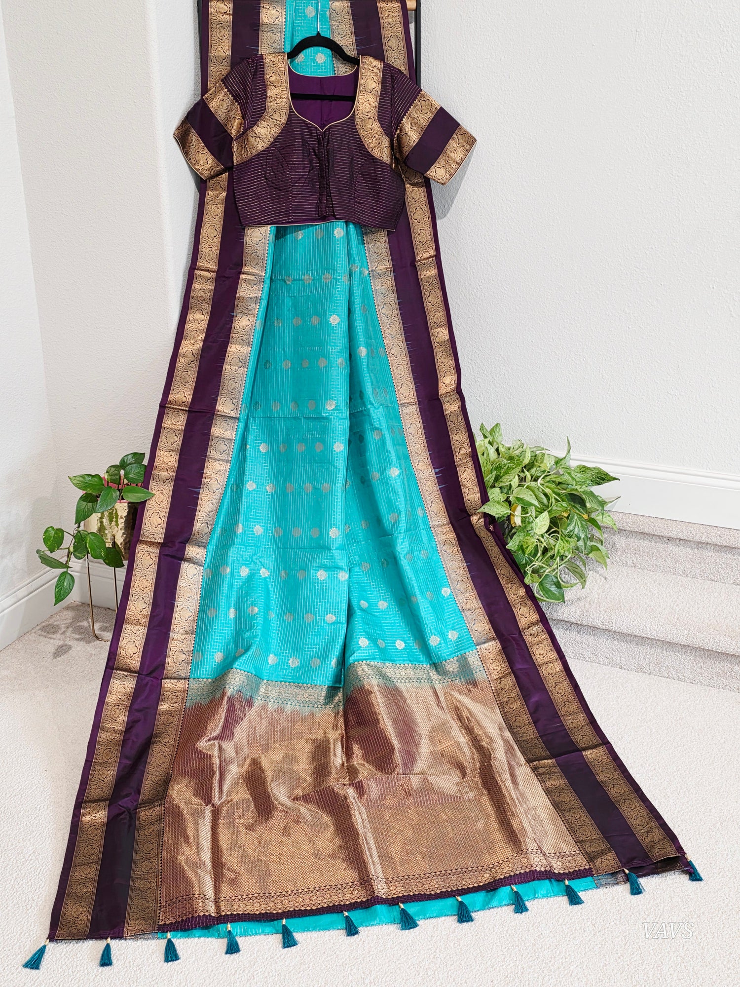 Pure Handloom Kanchi Soft Silk Gap Border Saree - Blouse | Teal Blue & Purple