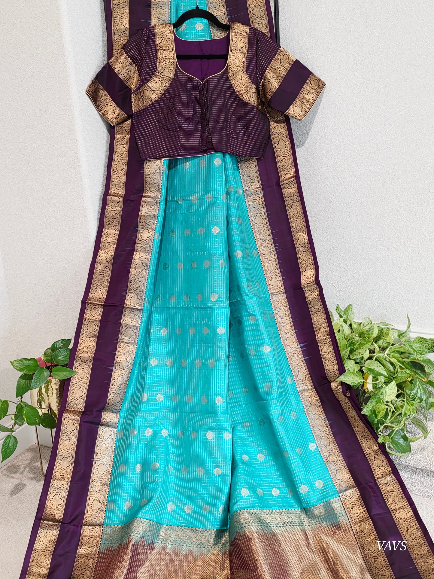 Pure Handloom Kanchi Soft Silk Gap Border Saree - Blouse | Teal Blue & Purple
