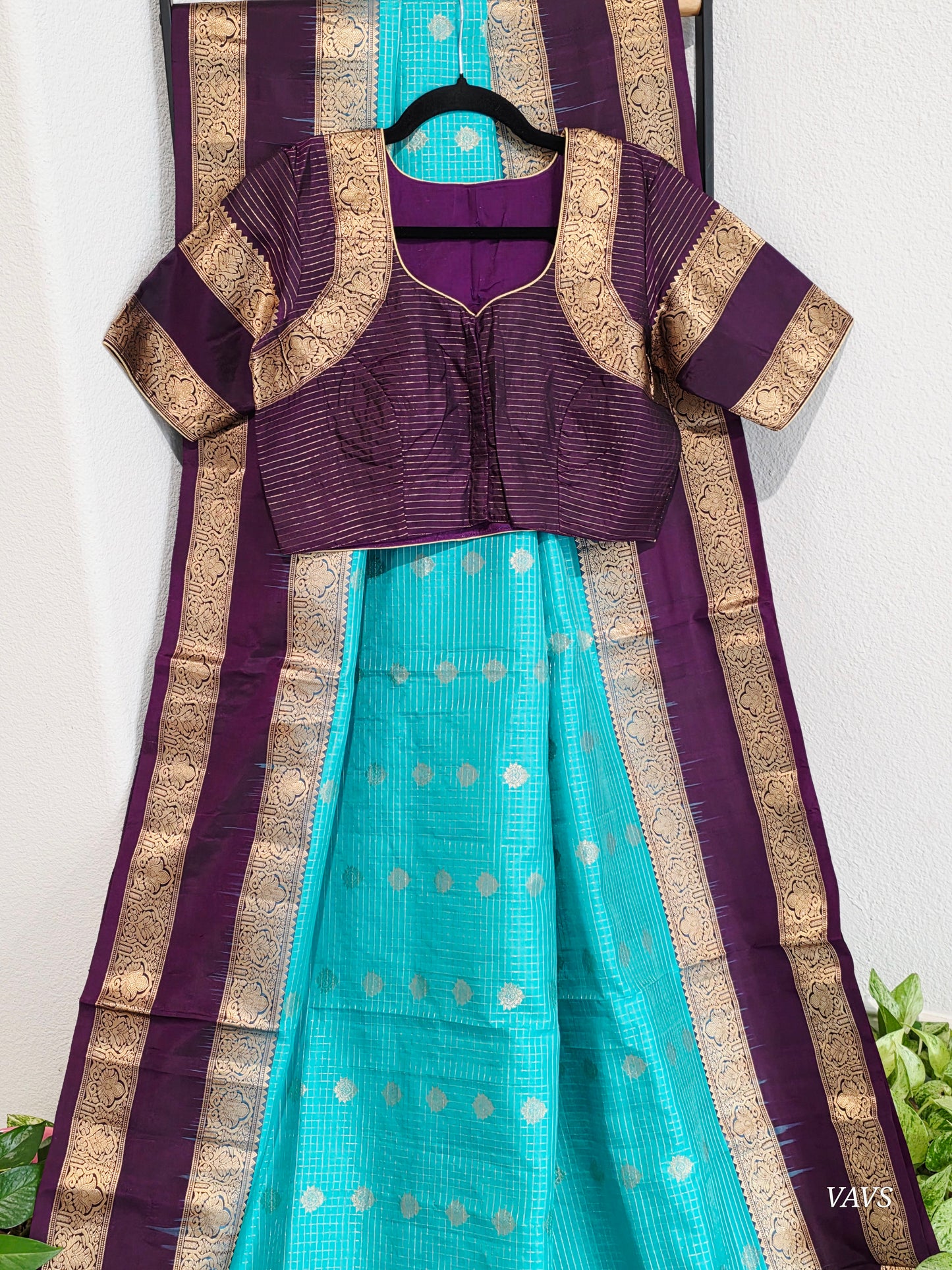 Pure Handloom Kanchi Soft Silk Gap Border Saree - Blouse | Teal Blue & Purple