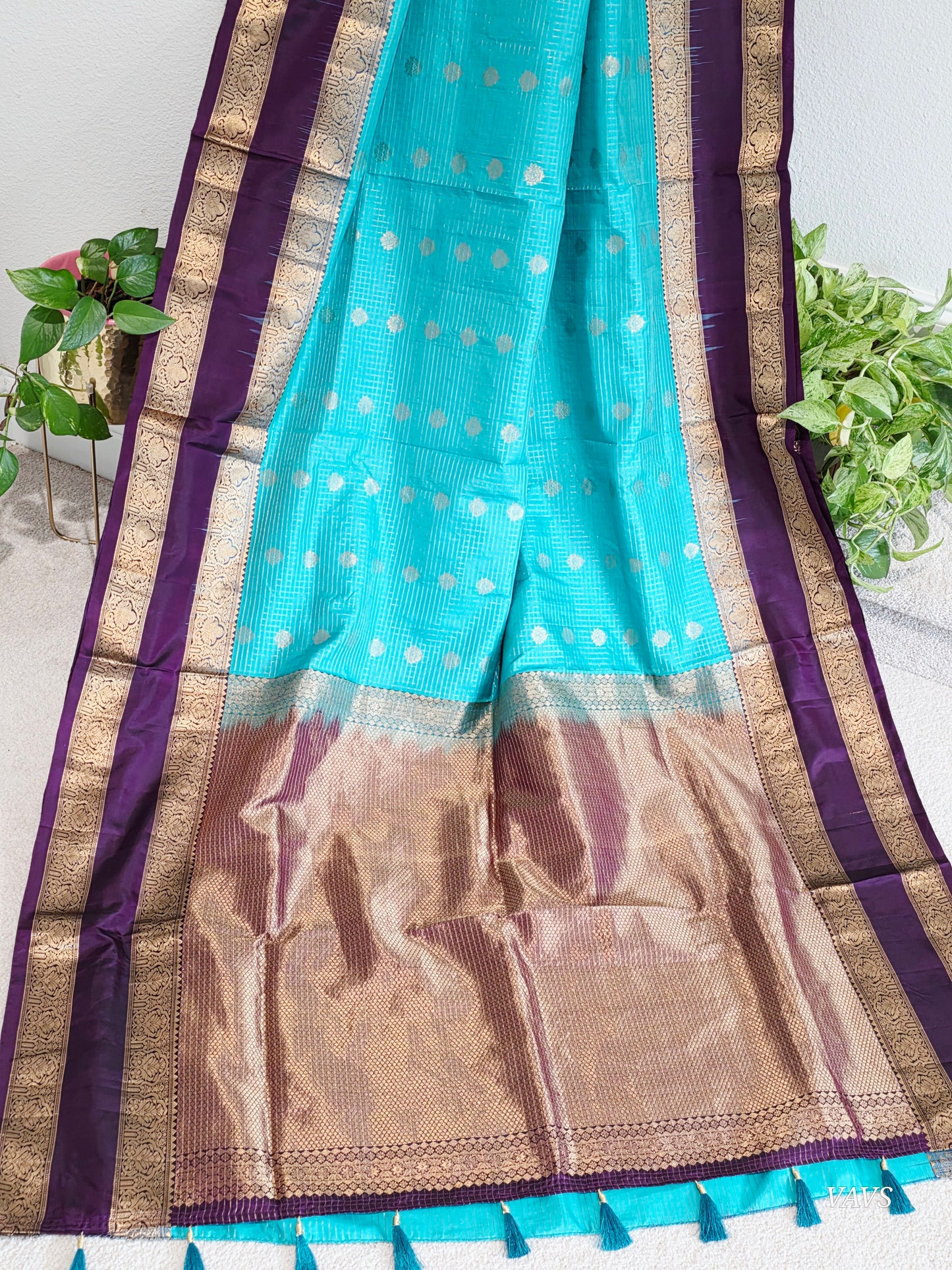 Pure Handloom Kanchi Soft Silk Gap Border Saree - Blouse | Teal Blue & Purple