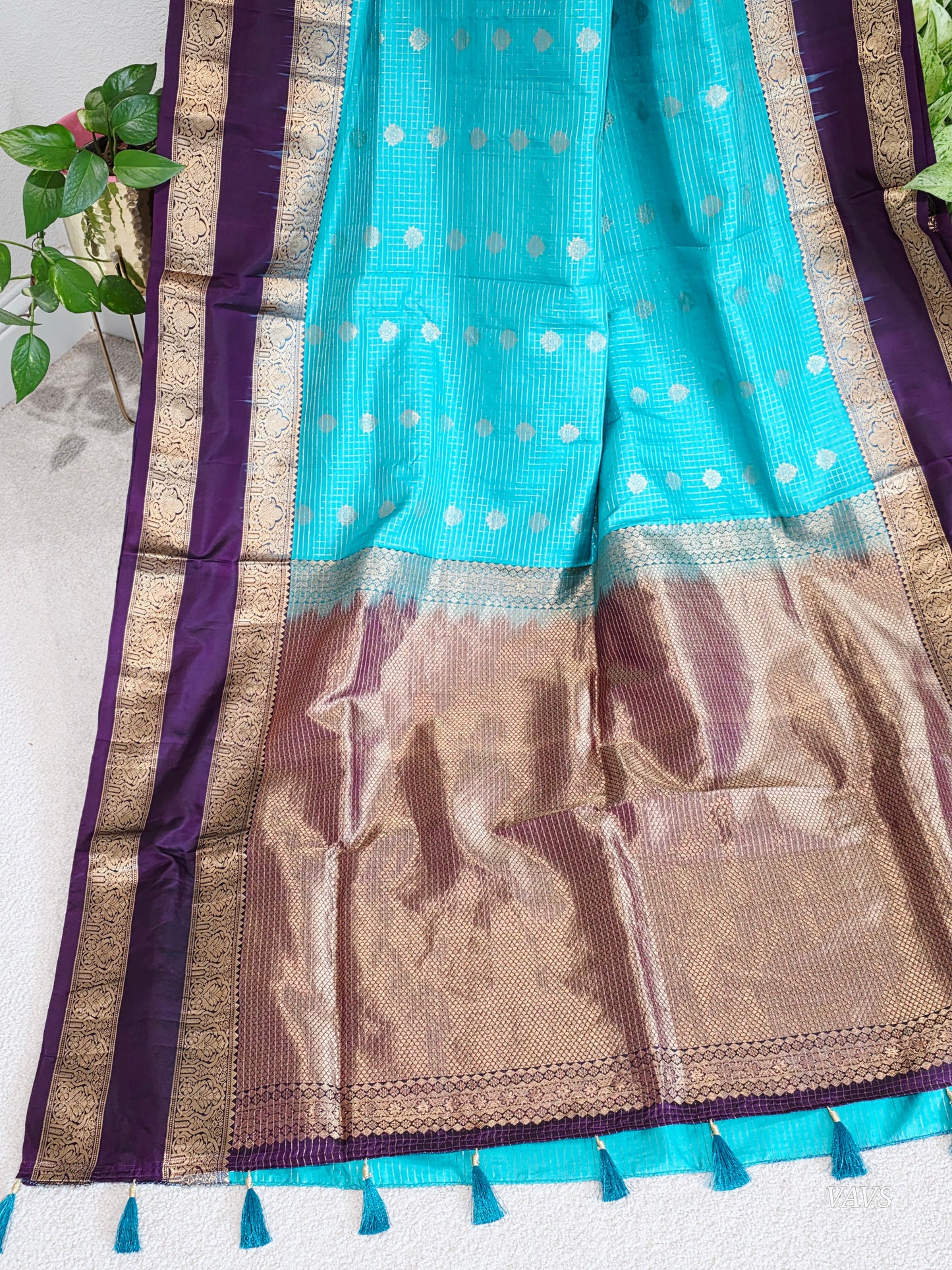 Pure Handloom Kanchi Soft Silk Gap Border Saree - Blouse | Teal Blue & Purple