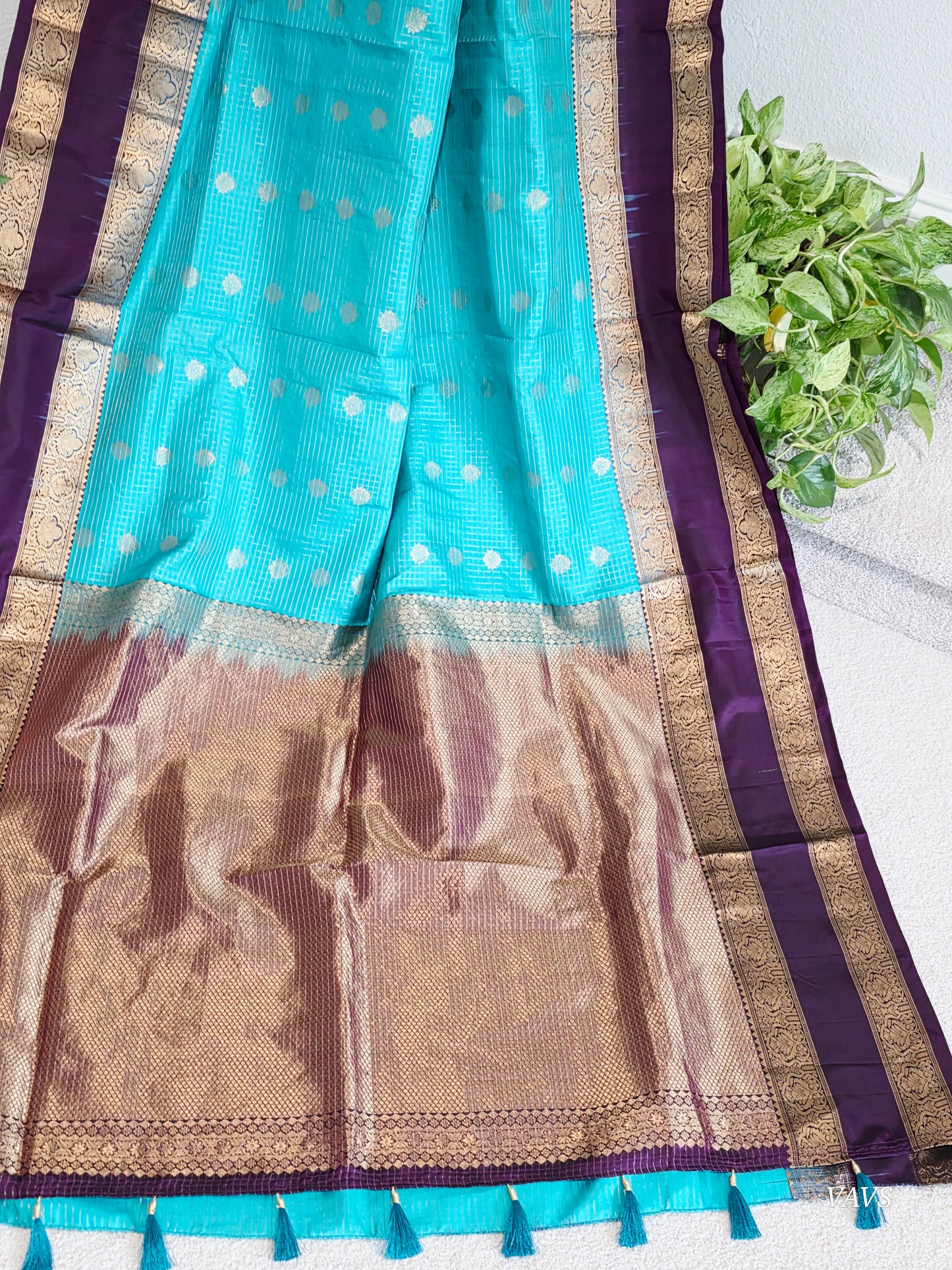 Pure Handloom Kanchi Soft Silk Gap Border Saree - Blouse | Teal Blue & Purple