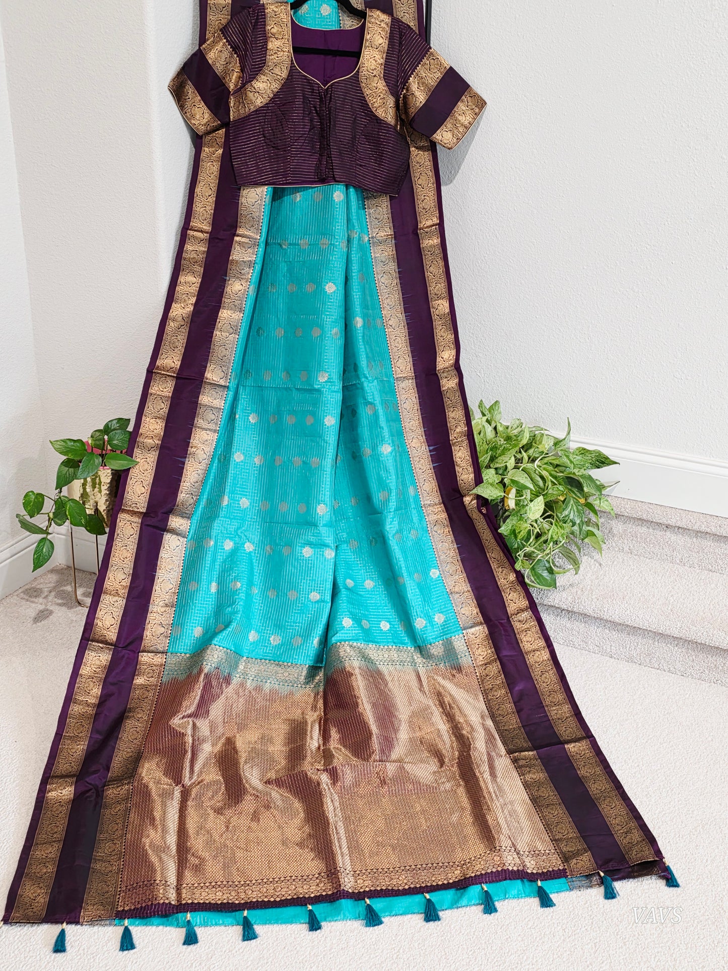 Pure Handloom Kanchi Soft Silk Gap Border Saree - Blouse | Teal Blue & Purple