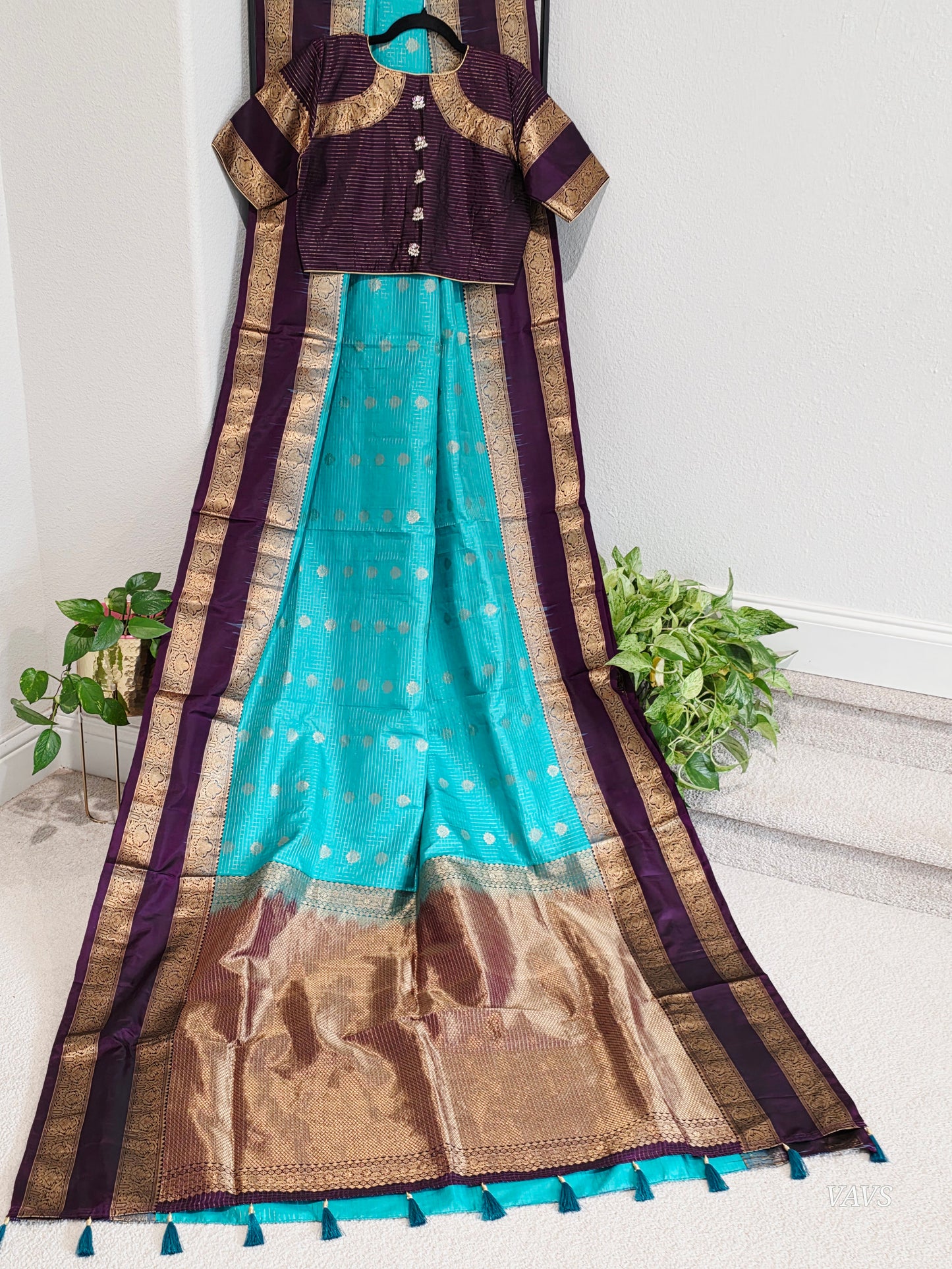 Pure Handloom Kanchi Soft Silk Gap Border Saree - Blouse | Teal Blue & Purple