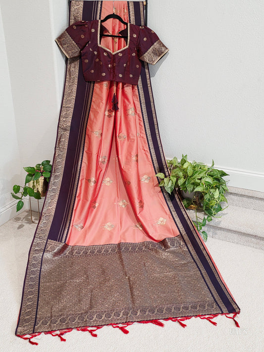 Semi Banarasi Soft Silk Saree with Zari Border & Stitched Blouse Size 38 Extends to 44