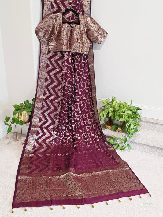 Wine Purple Semi Raw Mango Silk Saree with Zari Work | Stitched Blouse