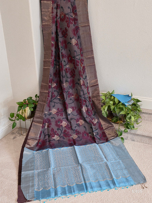 Smoky Grey Semi Kanchi Ikat Pochampally Print Soft Silk Saree with Blouse Piece