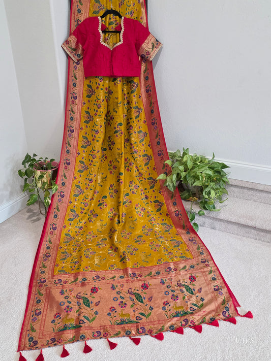 Patola Design Benarasi Soft Silk Saree with Paithani Border & Stitched Blouse