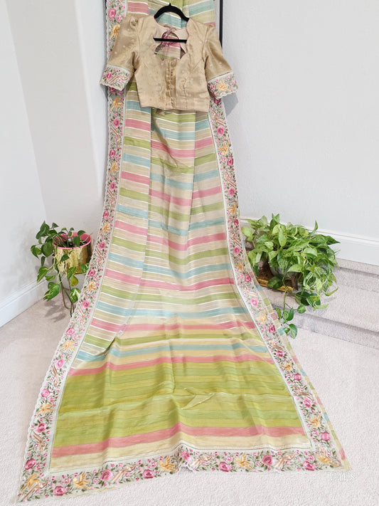 Soft Falling Tissue Stripes Designer Saree with Floral Border & Stitched Blouse