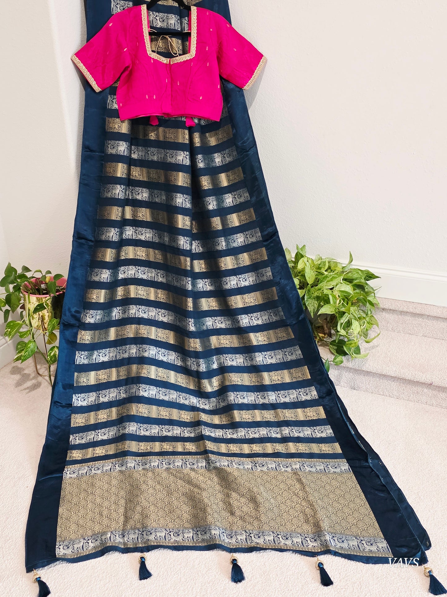 Nita Ambani Inspired Russian Dola Crepe Silk Saree with Ready Stitched Blouse | Navy Blue