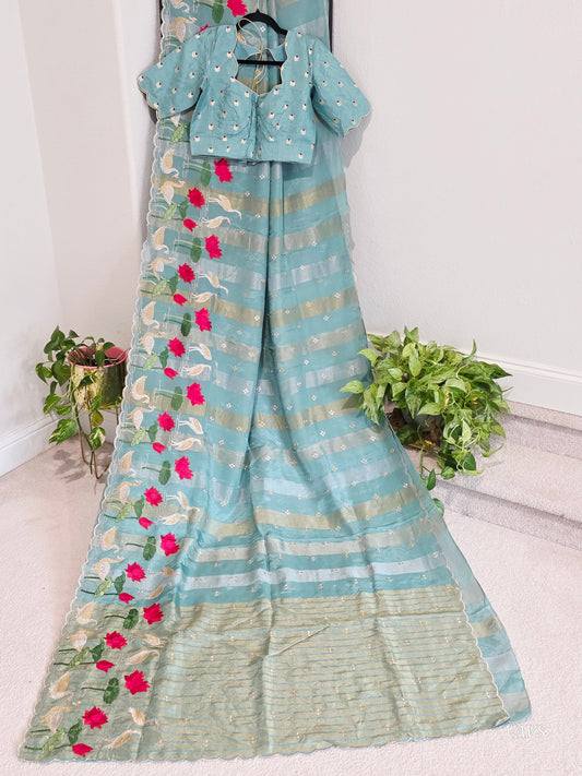 Soft Falling Tissue Stripes Designer Saree with Stitched Blouse 36 extends to 42