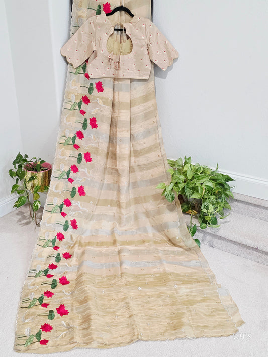 Soft Falling Tissue Stripes Designer Saree with Floral Border & Stitched Blouse Size 40 extends to 46.