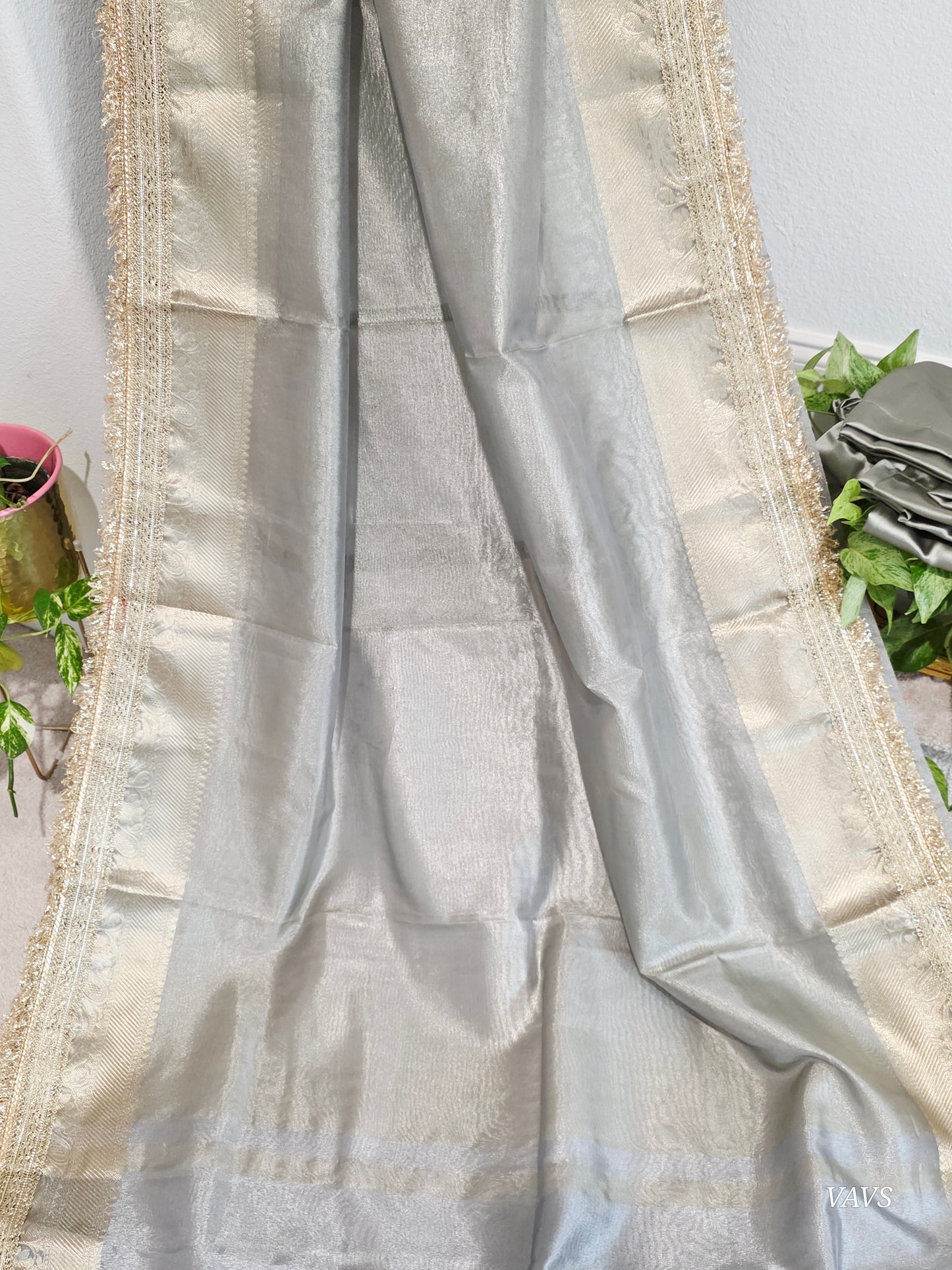 Maharani Style Semi Tissue Silk Saree in Silver Grey with Zari Border