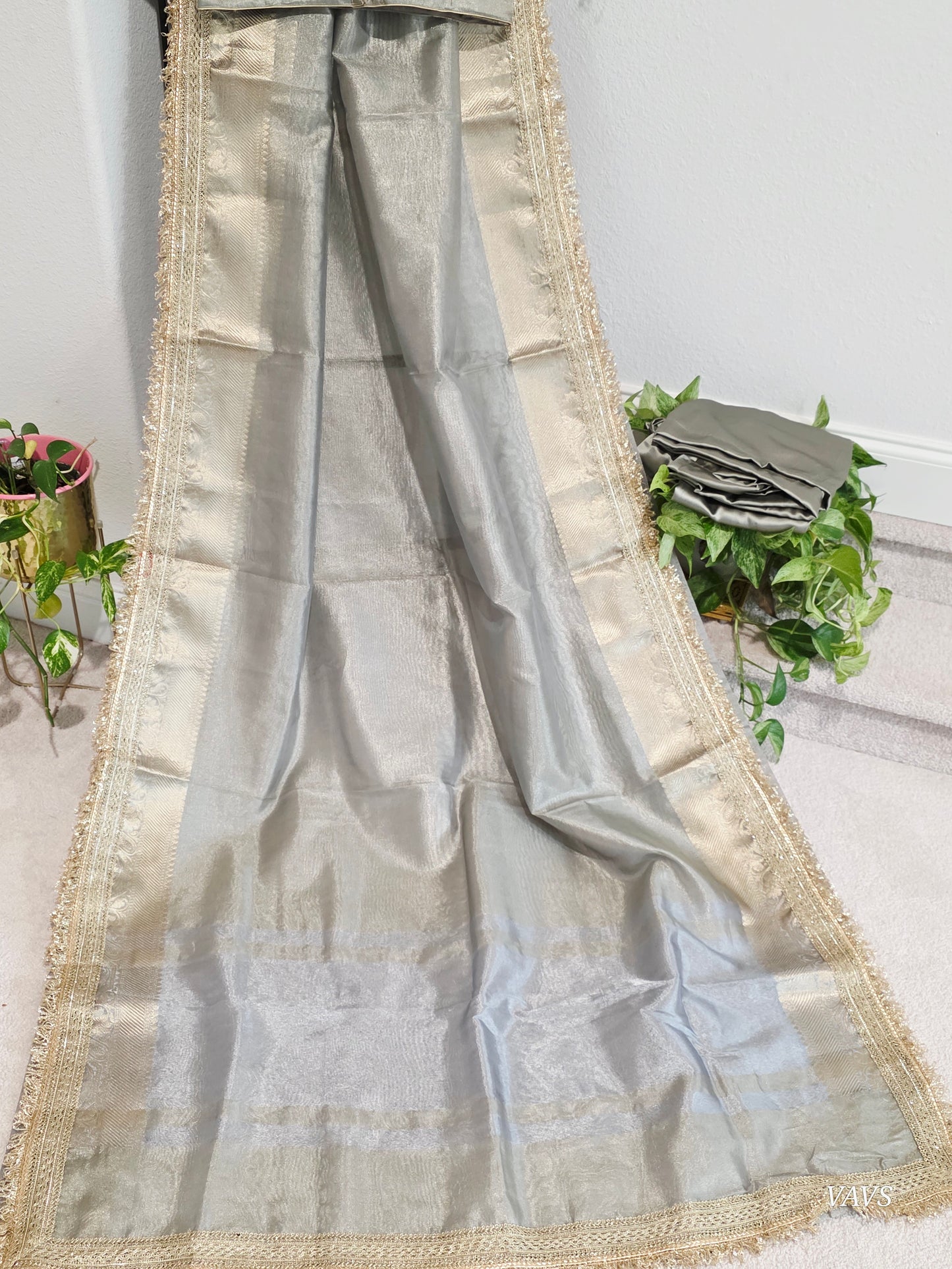 Maharani Style Semi Tissue Silk Saree in Silver Grey with Zari Border