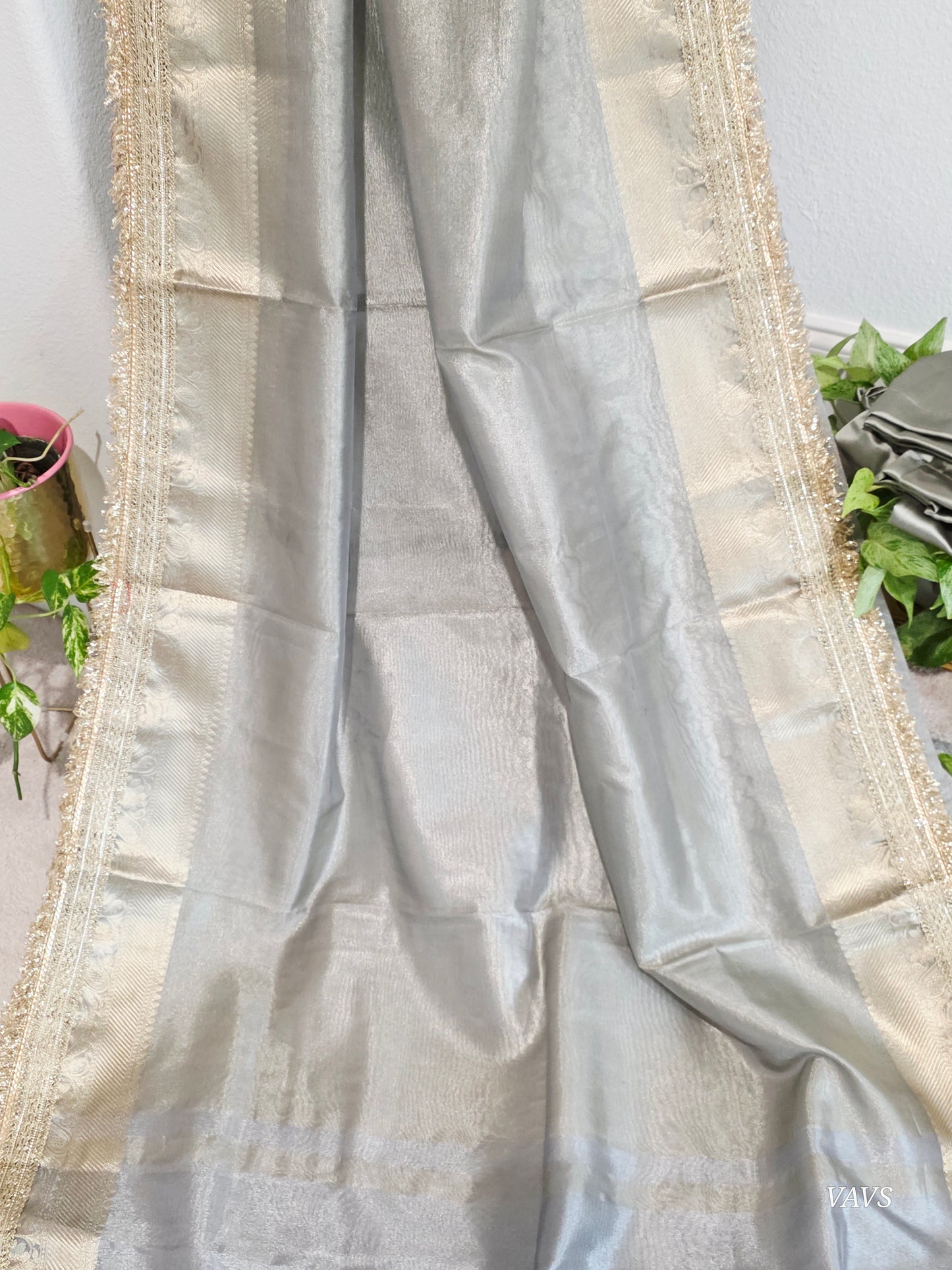 Maharani Style Semi Tissue Silk Saree in Silver Grey with Zari Border