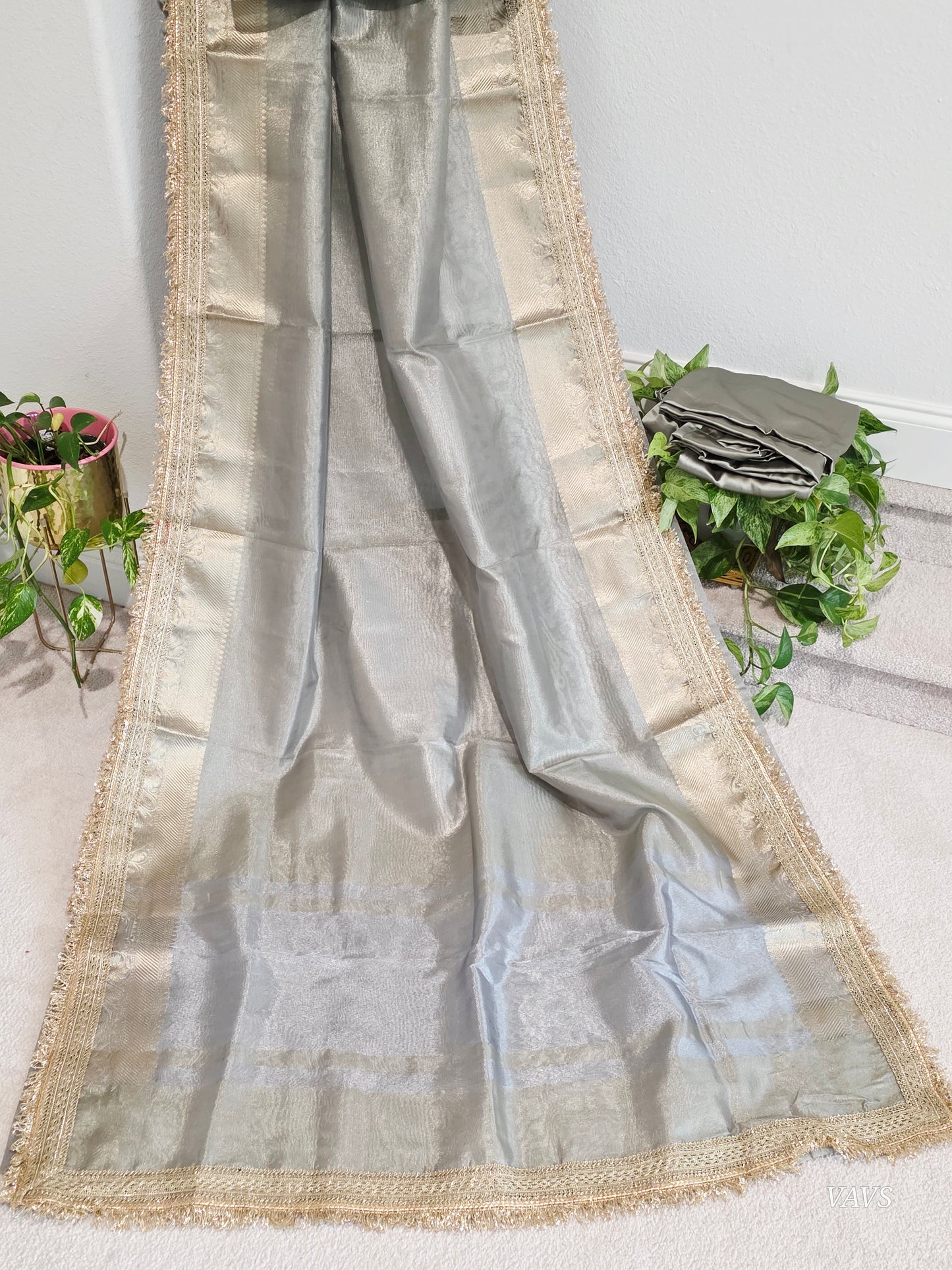 Maharani Style Semi Tissue Silk Saree in Silver Grey with Zari Border