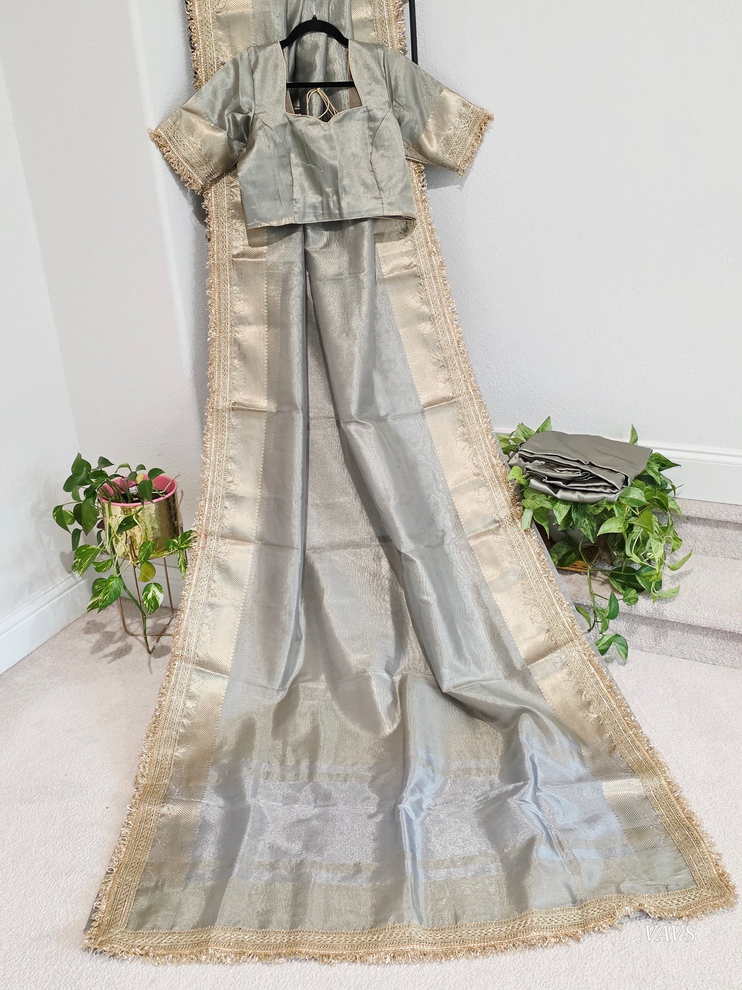 Maharani Style Semi Tissue Silk Saree in Silver Grey with Zari Border