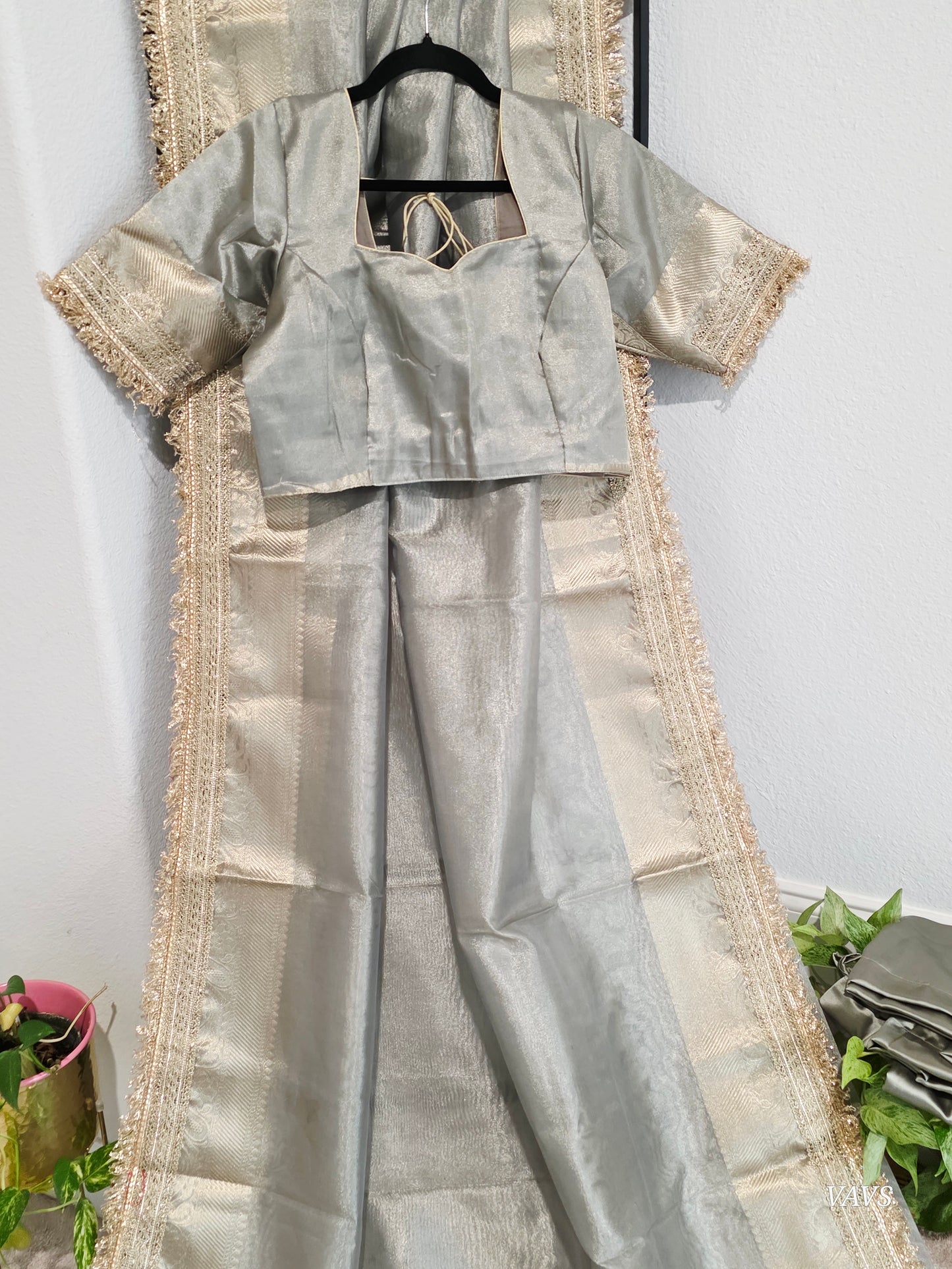 Maharani Style Semi Tissue Silk Saree in Silver Grey with Zari Border