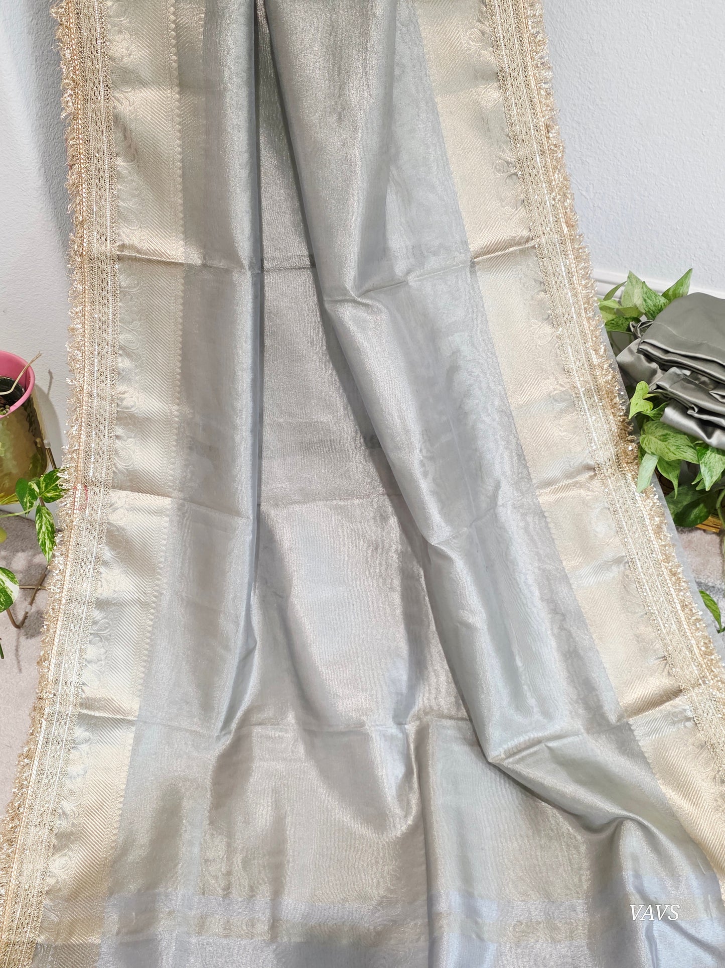 Maharani Style Semi Tissue Silk Saree in Silver Grey with Zari Border