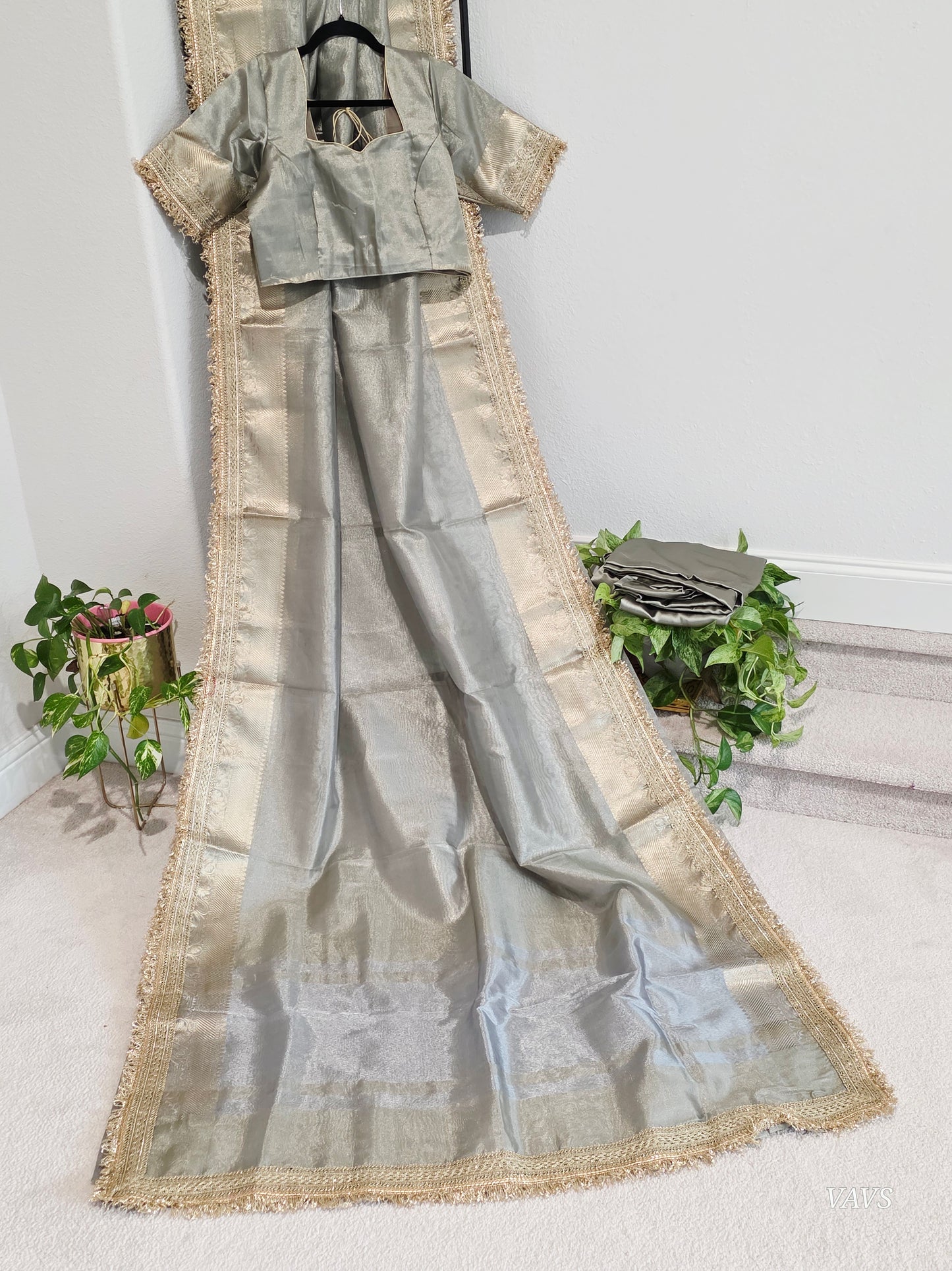 Maharani Style Semi Tissue Silk Saree in Silver Grey with Zari Border