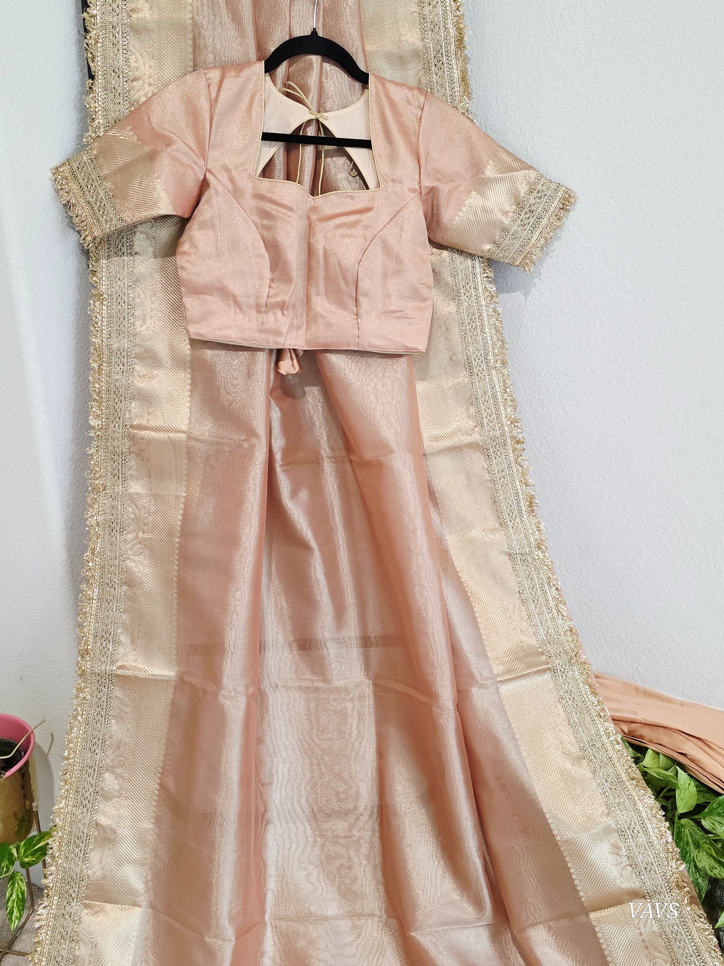 Maharani Style Peach Semi Tissue Saree with Stitched Blouse & Satin Petticoat