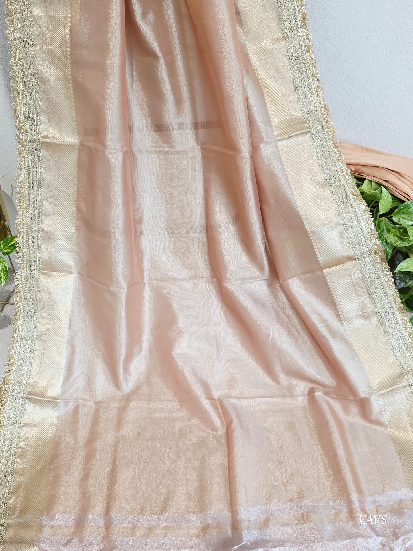 Maharani Style Peach Semi Tissue Saree with Stitched Blouse & Satin Petticoat
