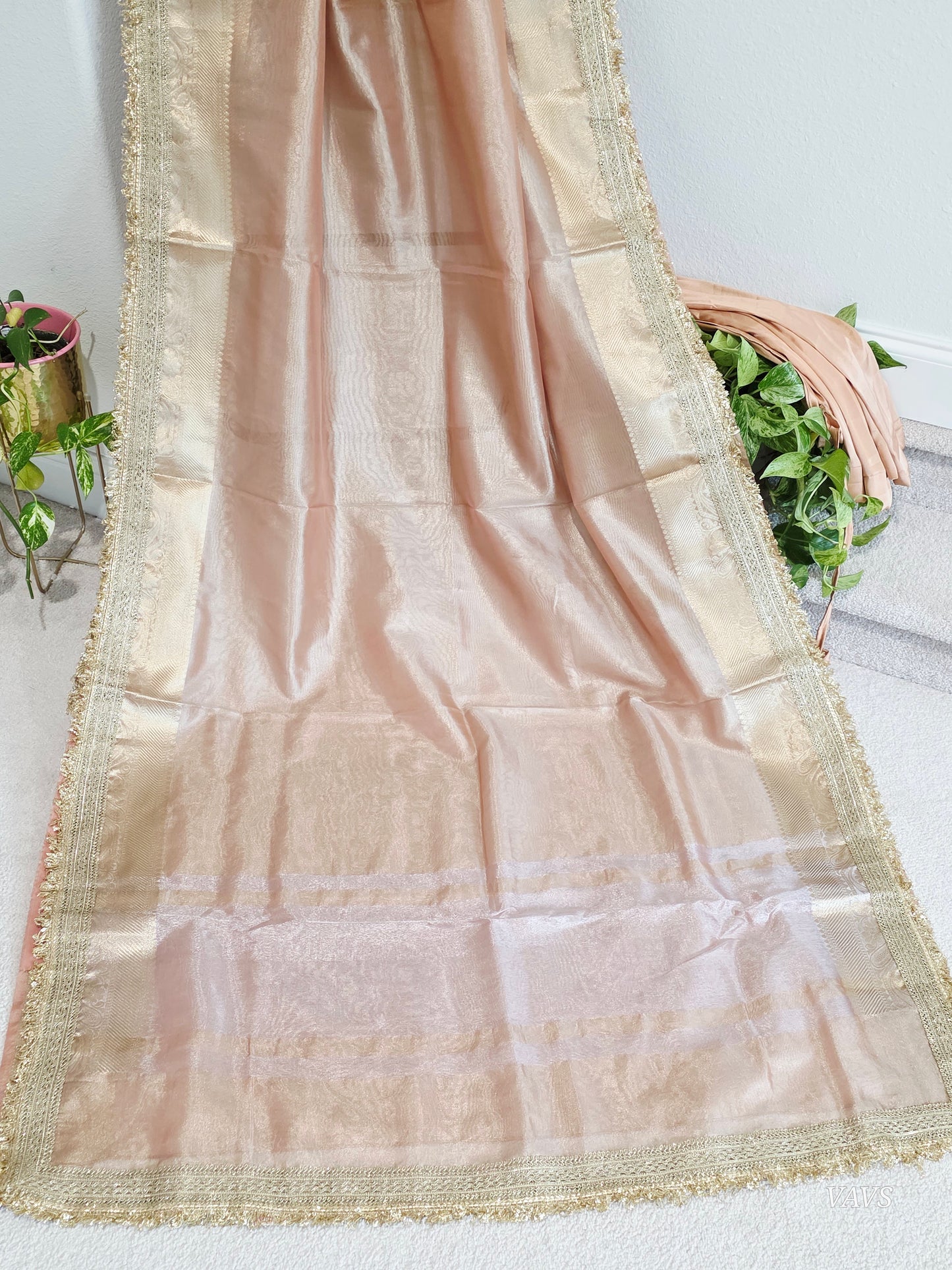 Maharani Style Peach Semi Tissue Saree with Stitched Blouse & Satin Petticoat