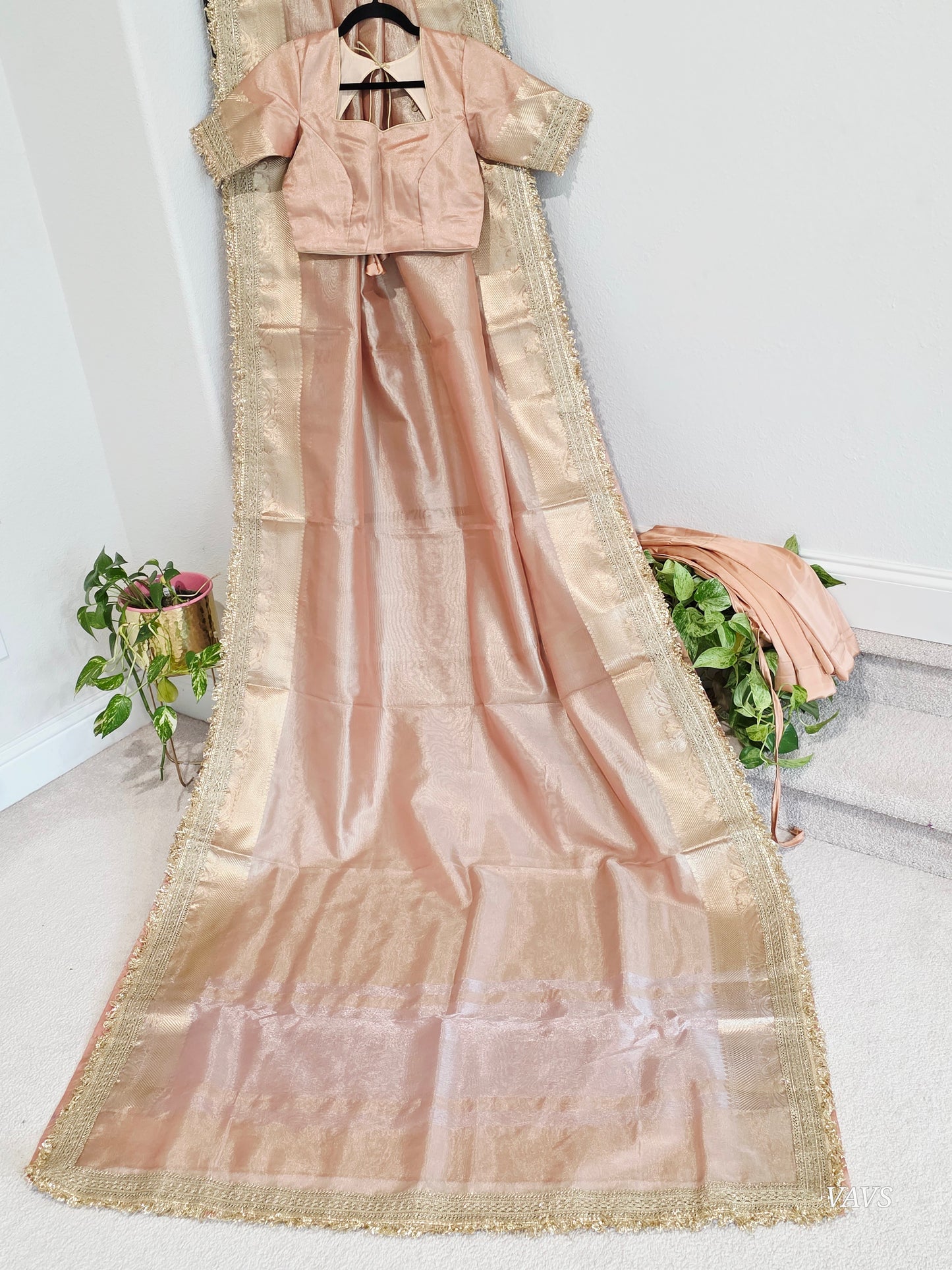 Maharani Style Peach Semi Tissue Saree with Stitched Blouse & Satin Petticoat