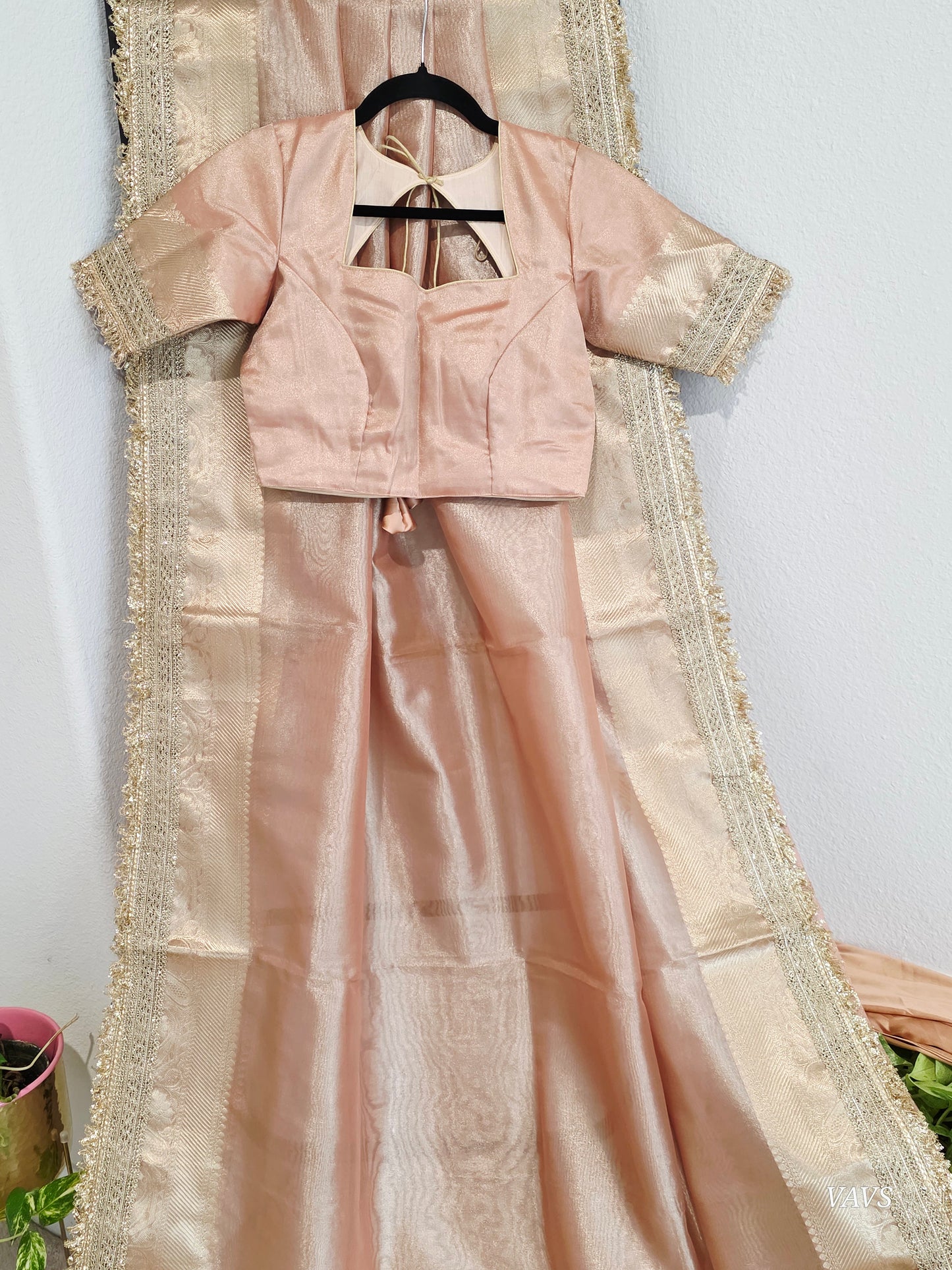 Maharani Style Peach Semi Tissue Saree with Stitched Blouse & Satin Petticoat