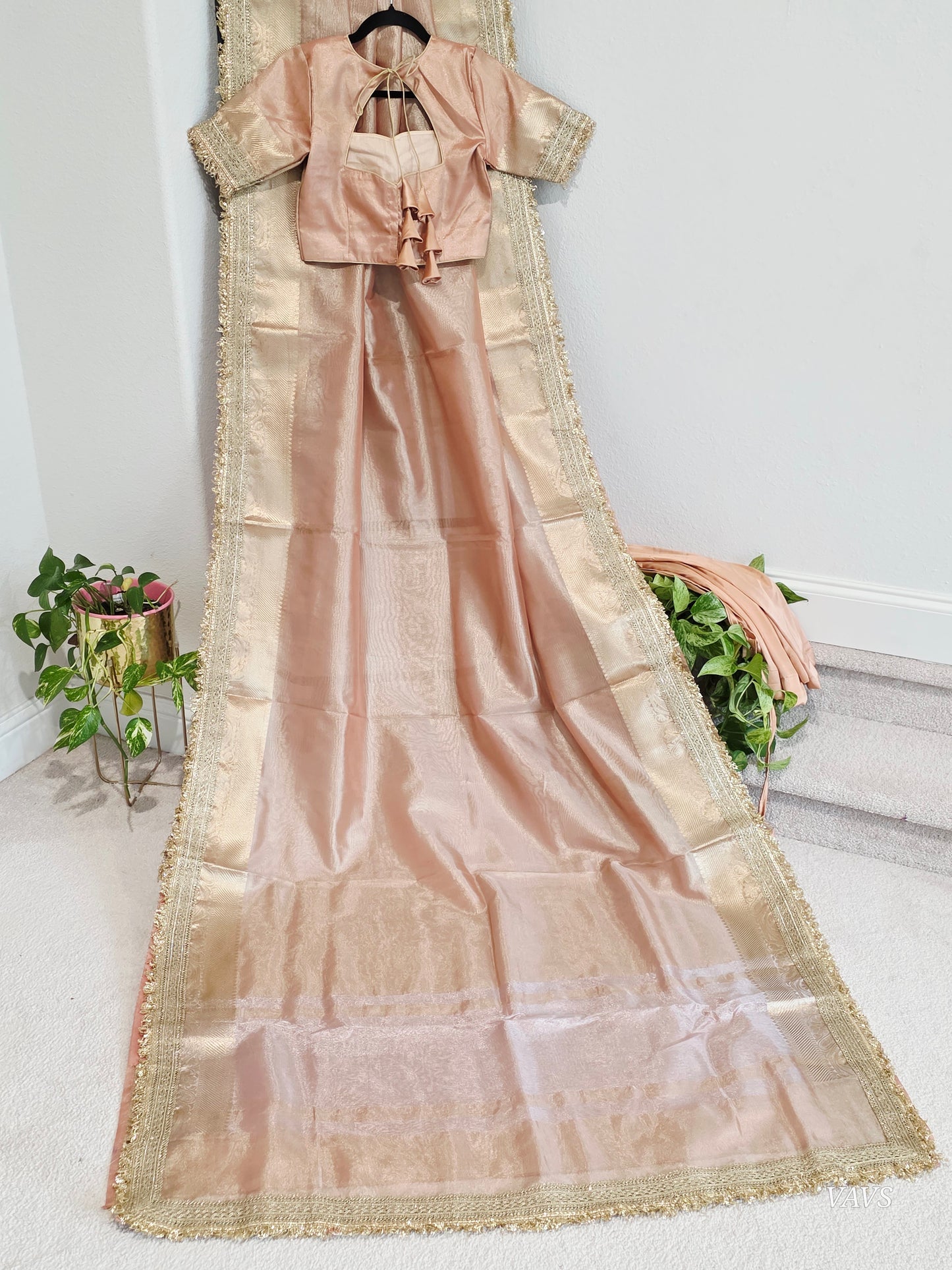 Maharani Style Peach Semi Tissue Saree with Stitched Blouse & Satin Petticoat