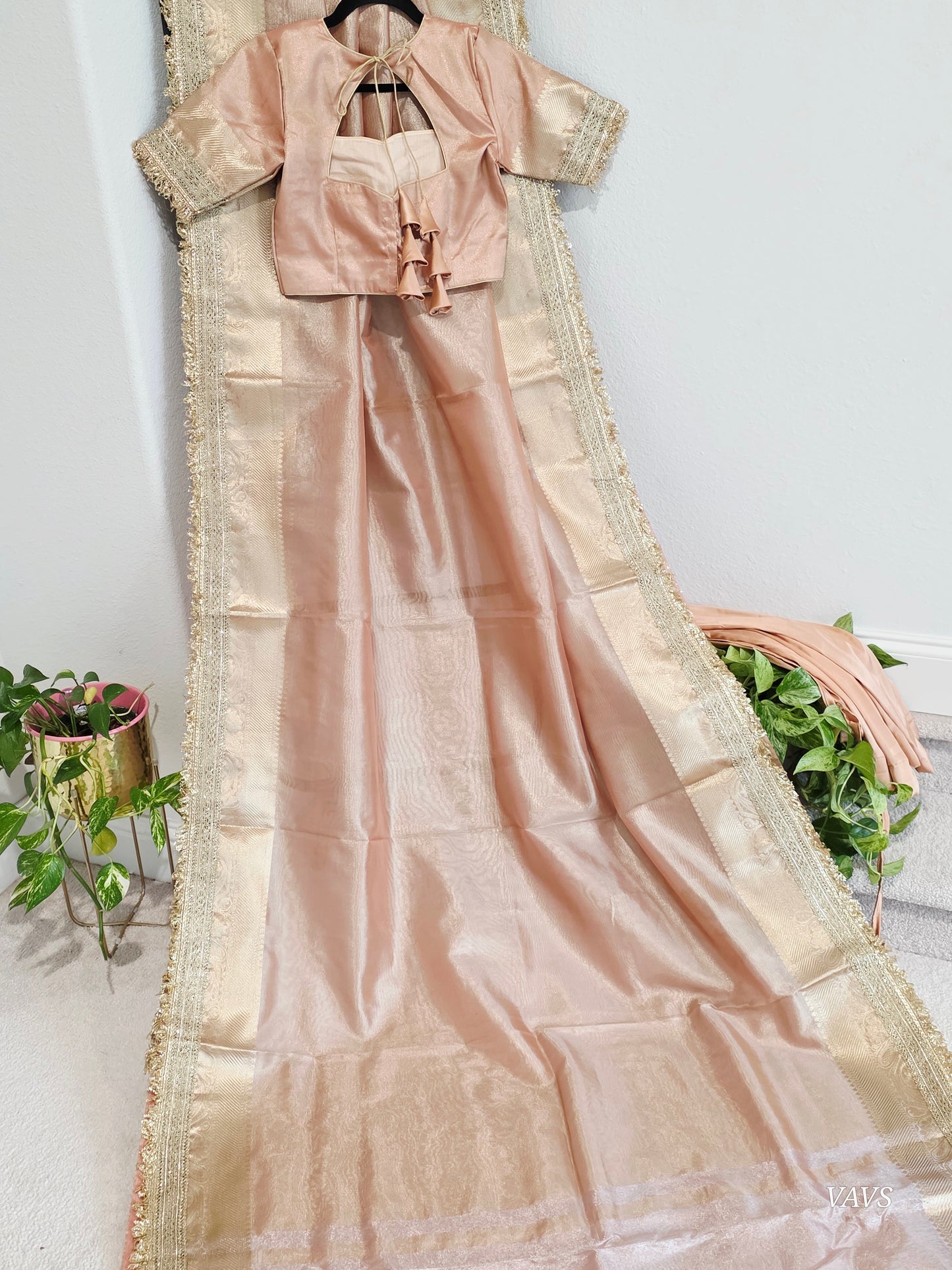 Maharani Style Peach Semi Tissue Saree with Stitched Blouse & Satin Petticoat