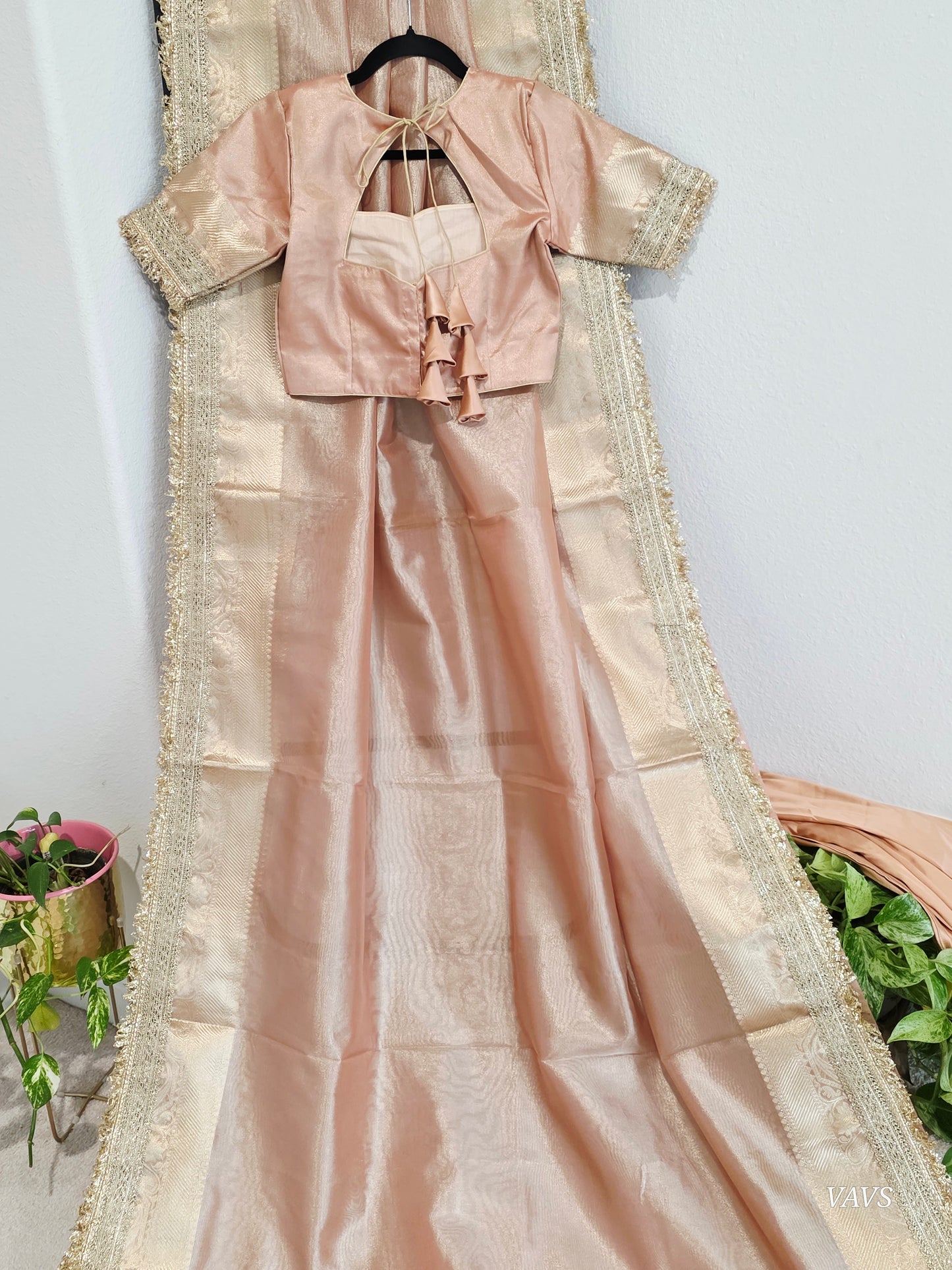 Maharani Style Peach Semi Tissue Saree with Stitched Blouse & Satin Petticoat