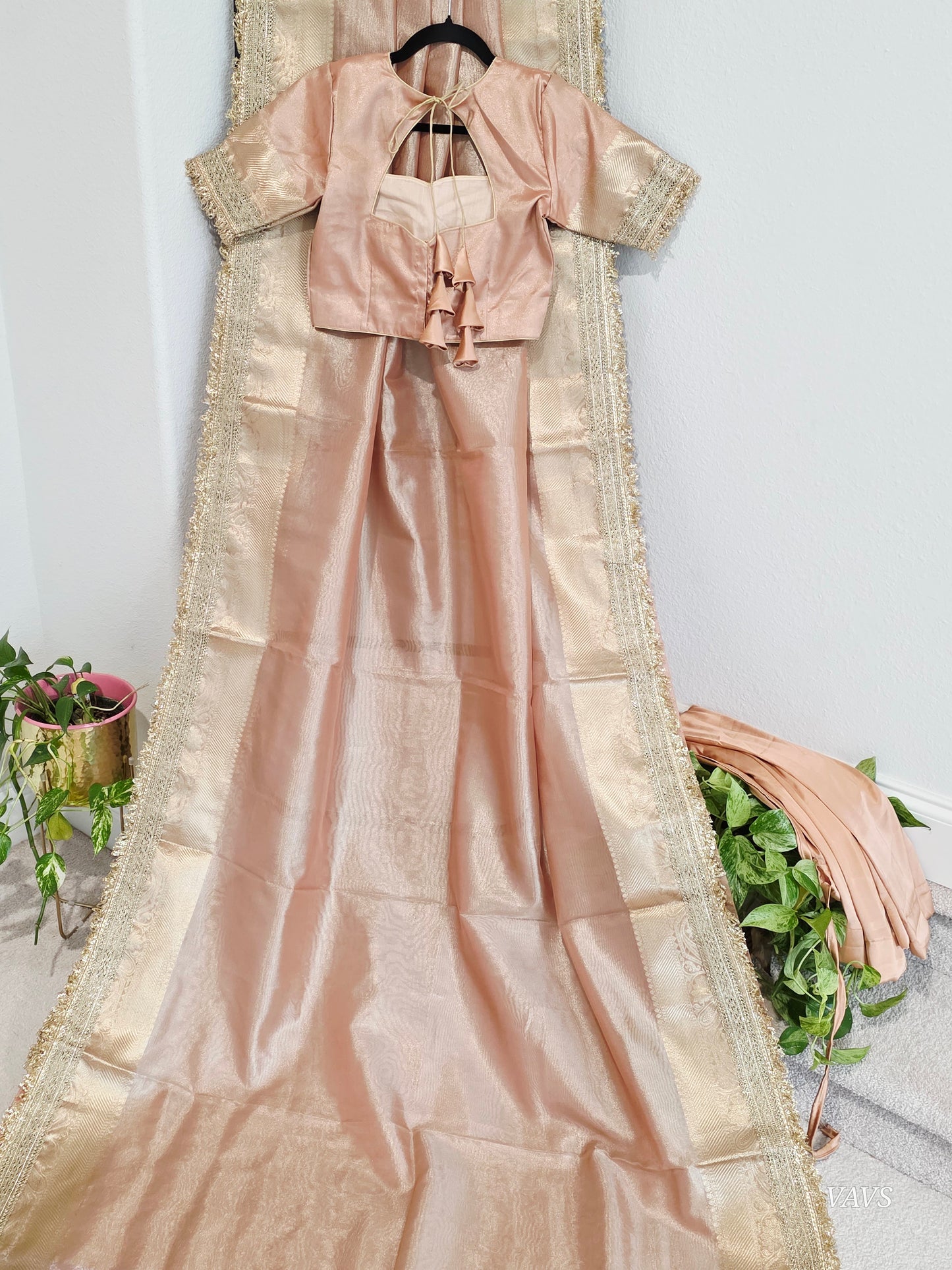 Maharani Style Peach Semi Tissue Saree with Stitched Blouse & Satin Petticoat