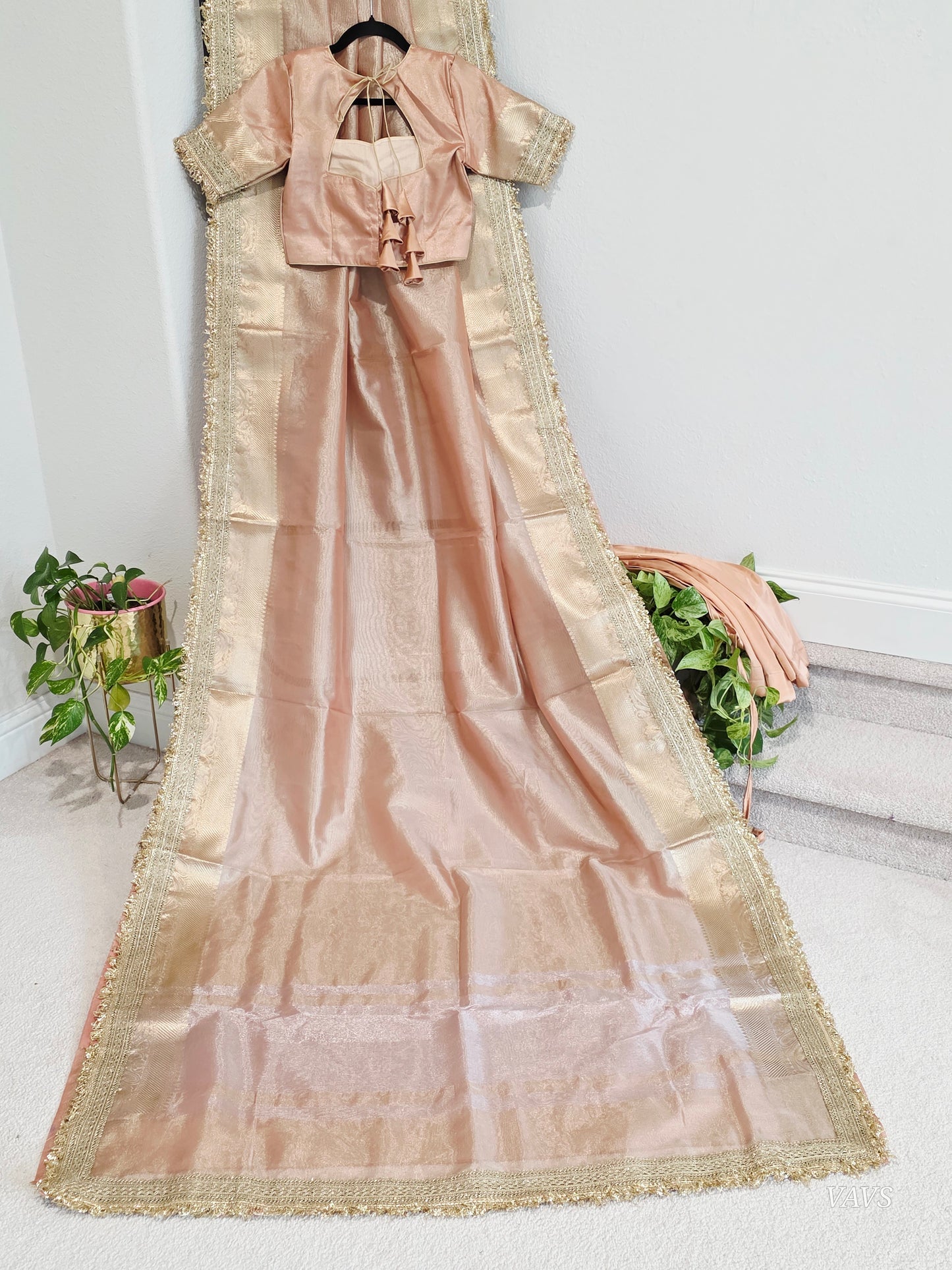 Maharani Style Peach Semi Tissue Saree with Stitched Blouse & Satin Petticoat