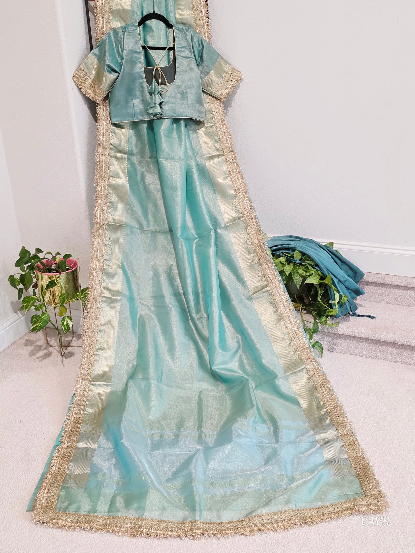 Maharani Style Sea Green Semi Tissue Saree with Stitched Blouse & Satin Petticoat | Ready to Wear