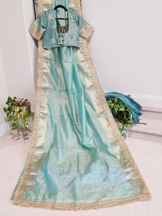 Maharani Style Sea Green Semi Tissue Saree with Stitched Blouse & Satin Petticoat | Ready to Wear