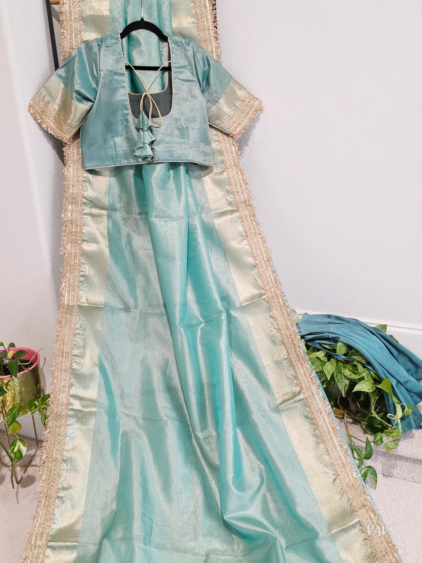 Maharani Style Sea Green Semi Tissue Saree with Stitched Blouse & Satin Petticoat