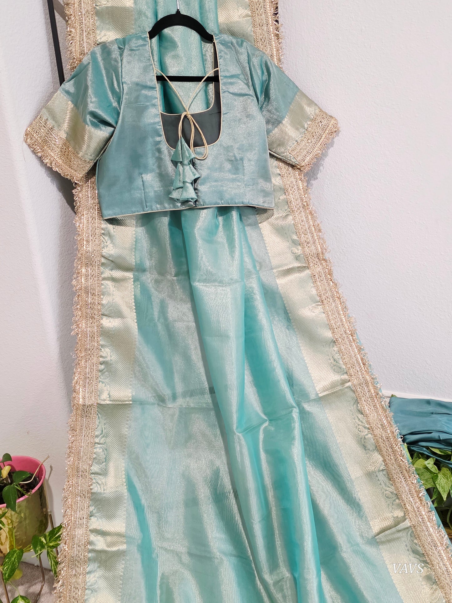 Maharani Style Sea Green Semi Tissue Saree with Stitched Blouse & Satin Petticoat