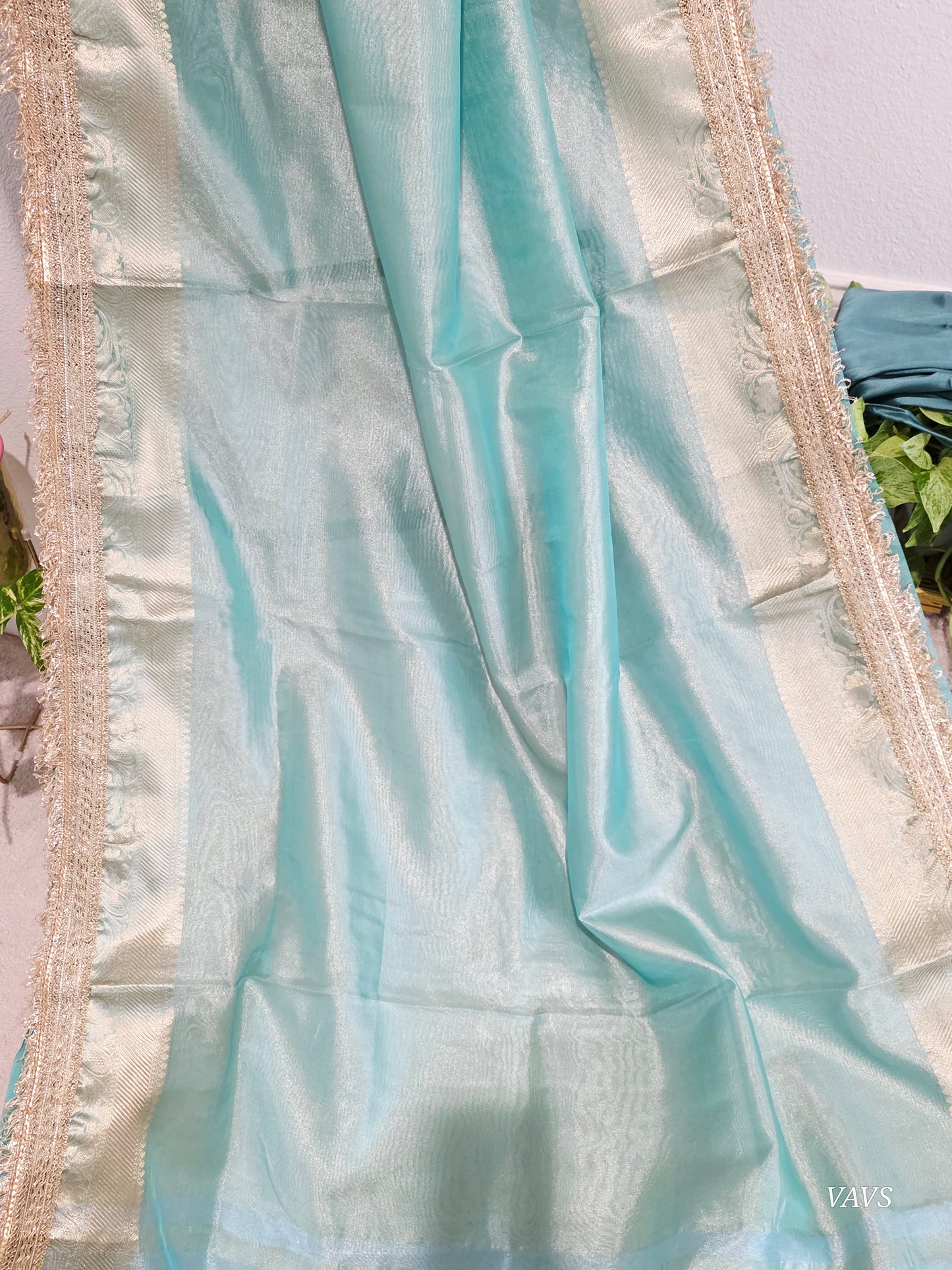 Maharani Style Sea Green Semi Tissue Saree with Stitched Blouse & Satin Petticoat