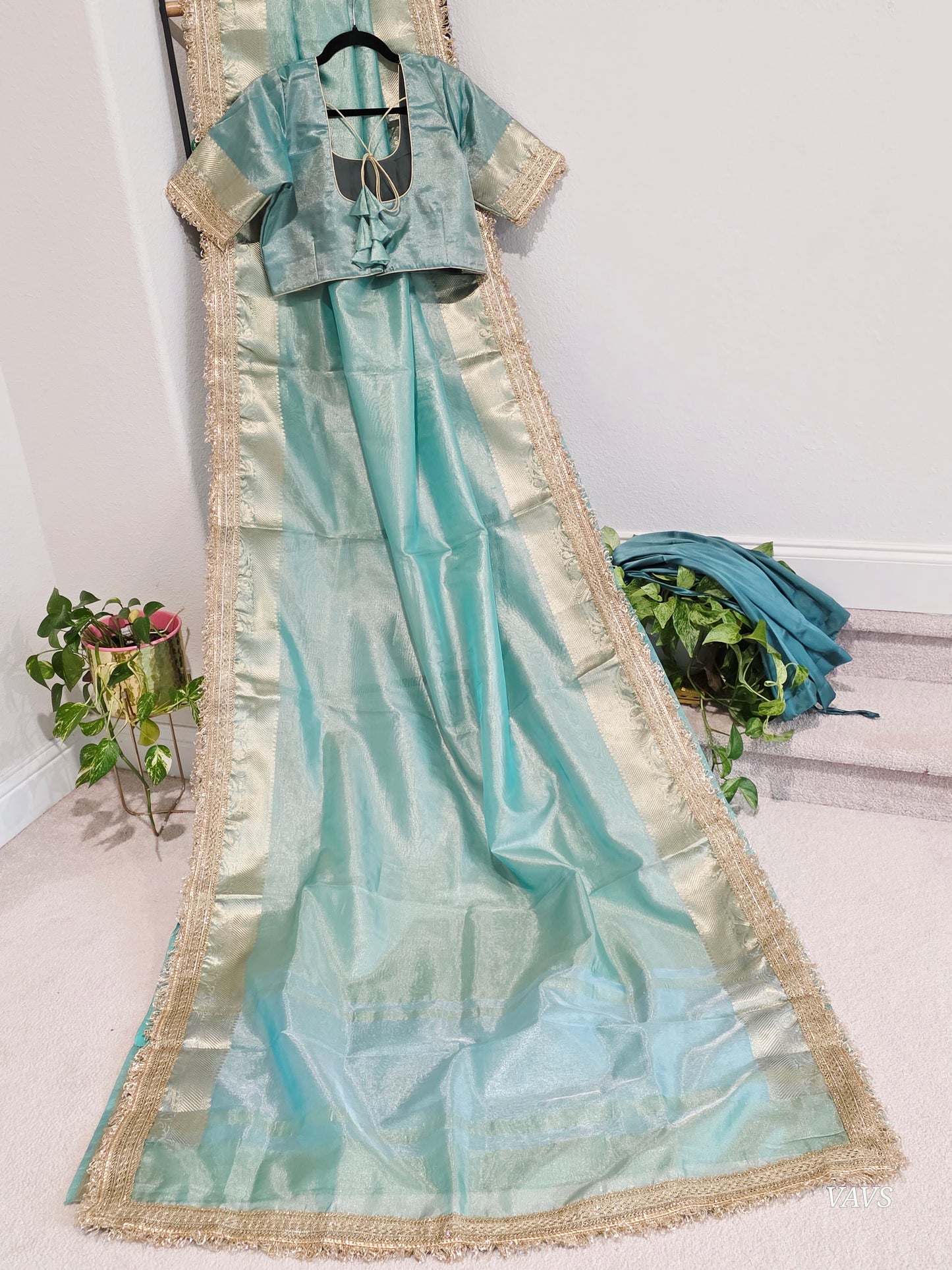 Maharani Style Sea Green Semi Tissue Saree with Stitched Blouse & Satin Petticoat