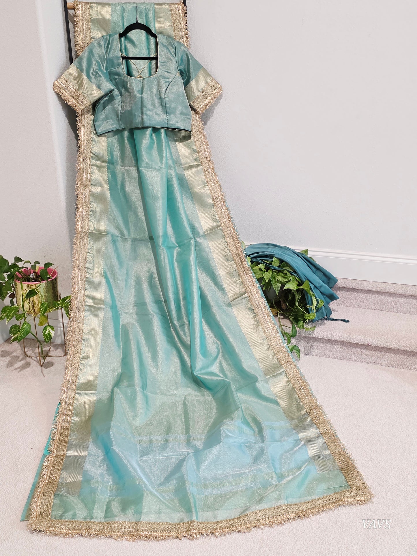Maharani Style Sea Green Semi Tissue Saree with Stitched Blouse & Satin Petticoat