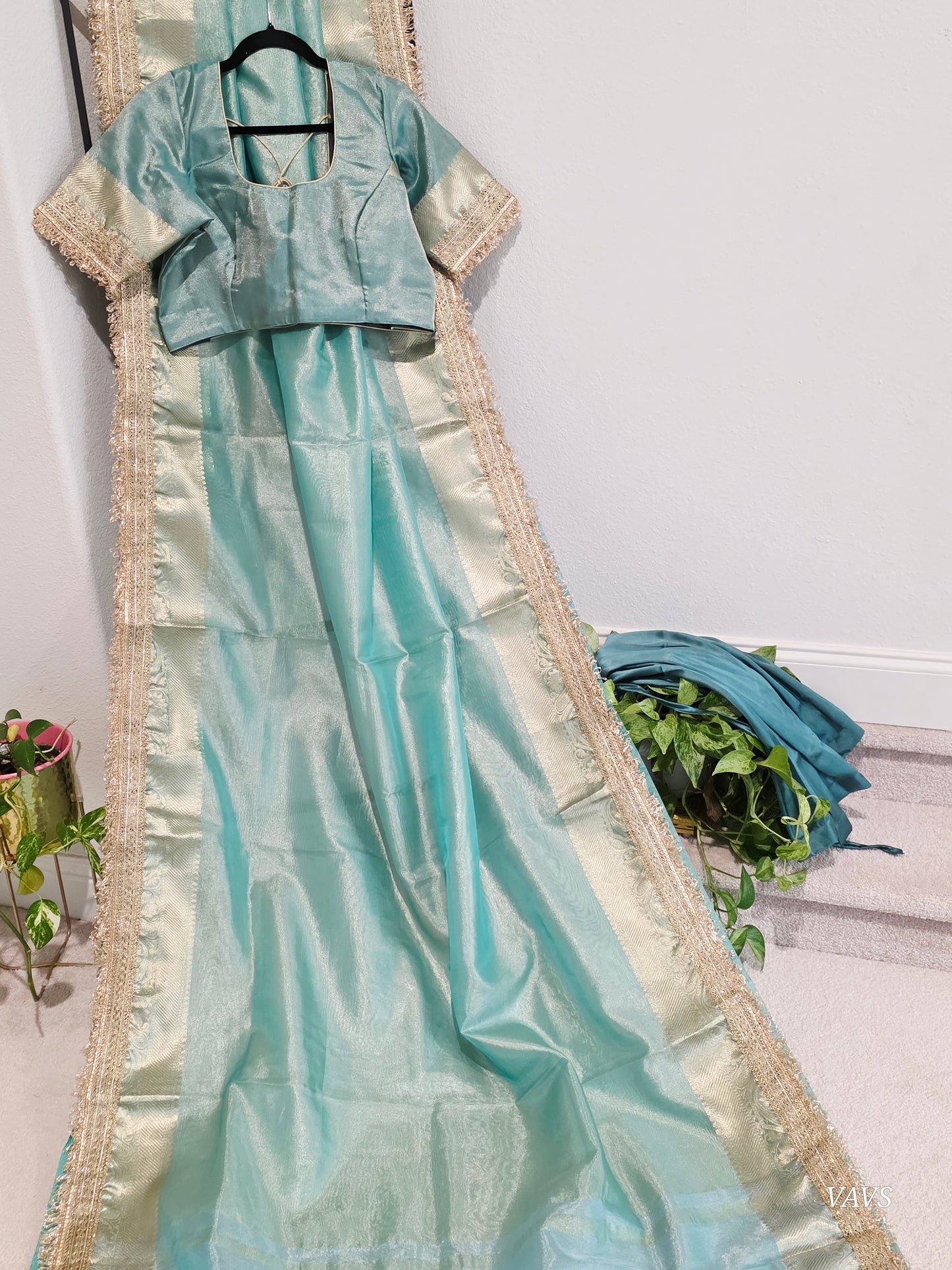 Maharani Style Sea Green Semi Tissue Saree with Stitched Blouse & Satin Petticoat