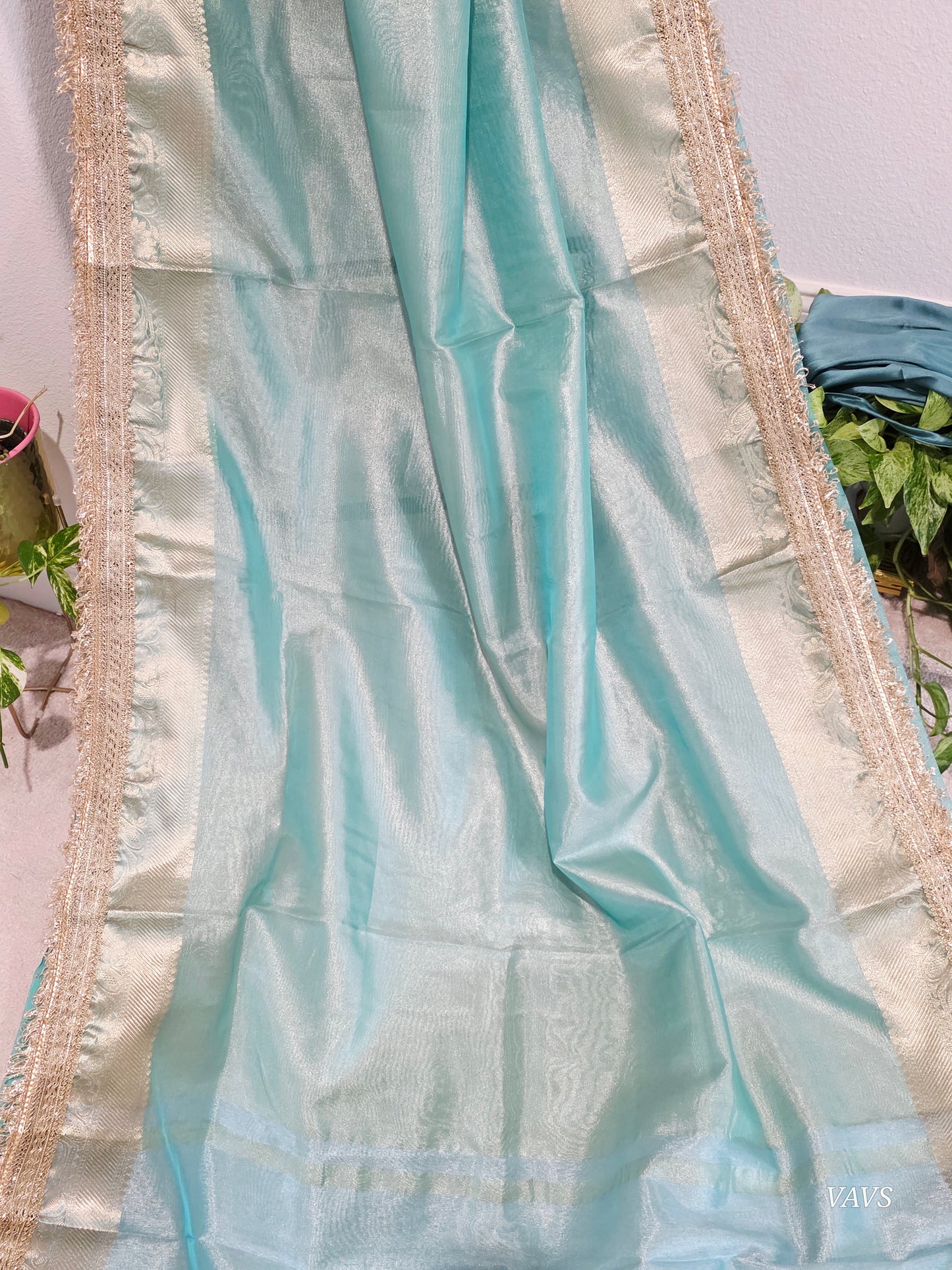 Maharani Style Sea Green Semi Tissue Saree with Stitched Blouse & Satin Petticoat