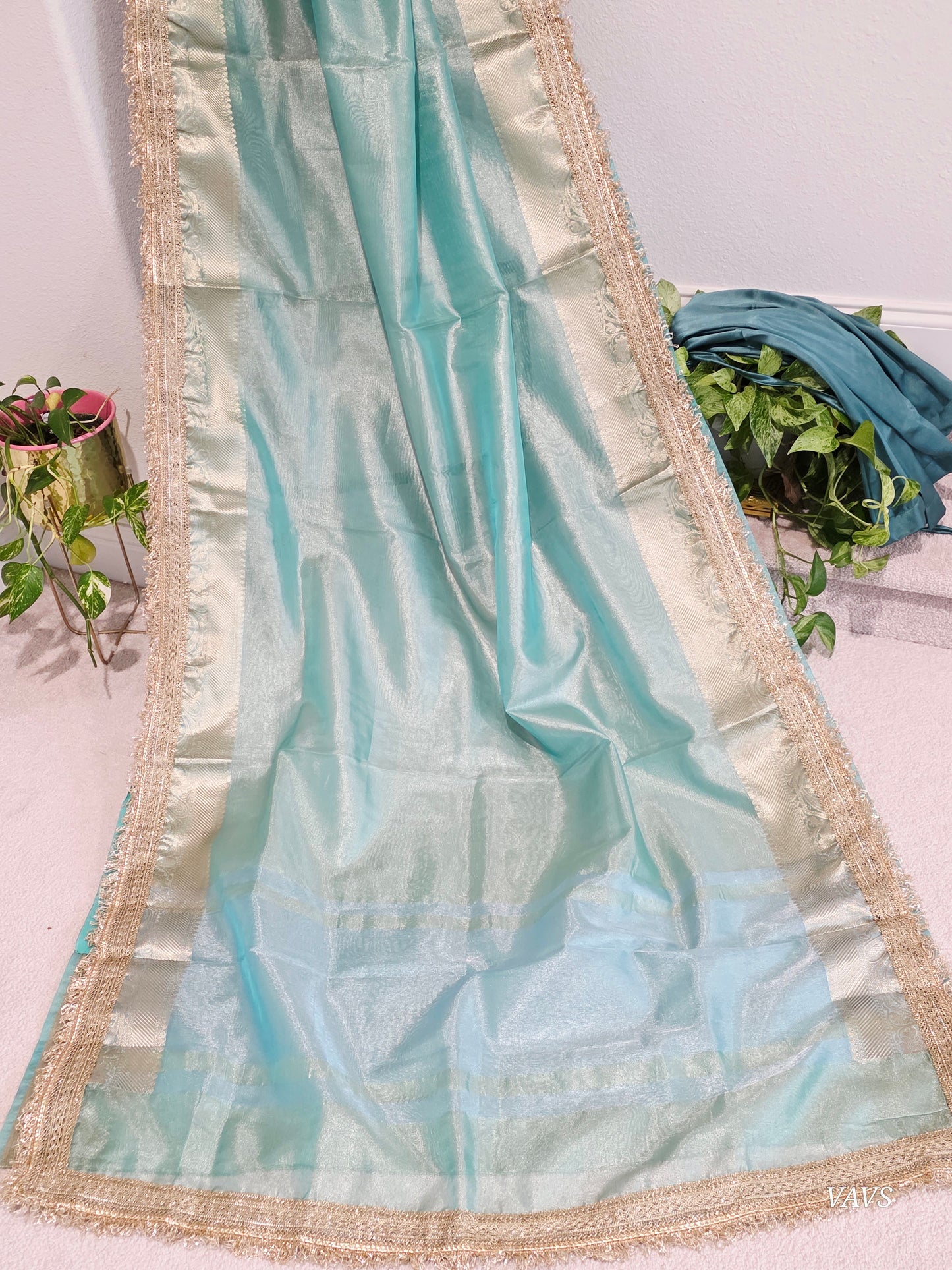 Maharani Style Sea Green Semi Tissue Saree with Stitched Blouse & Satin Petticoat